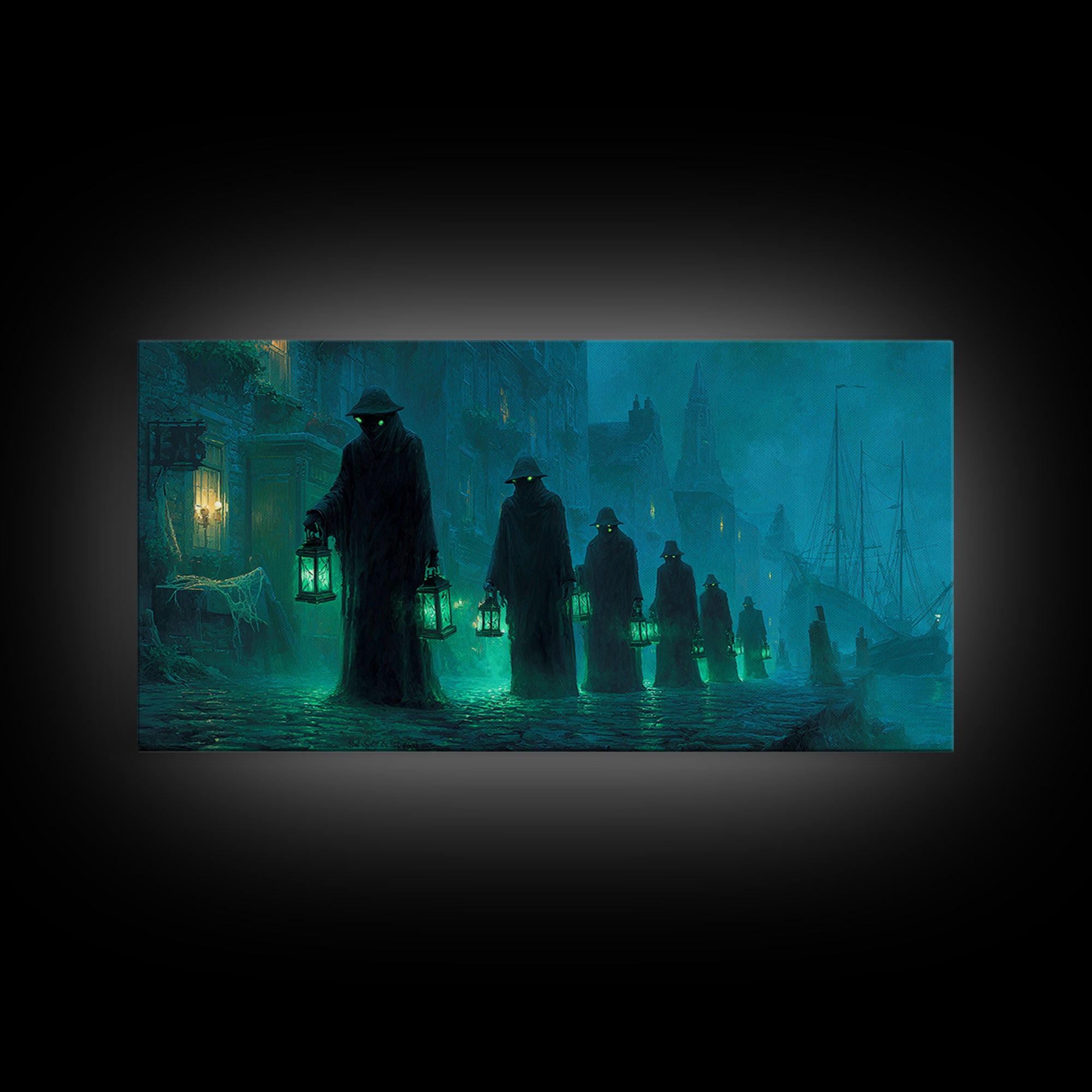 The Innsmouth Lantern Procession, Wide Panoramic Art, Eldritch Gothic Decor, Canvas Print, Halloween Wall Decor, Gothic Home Decor