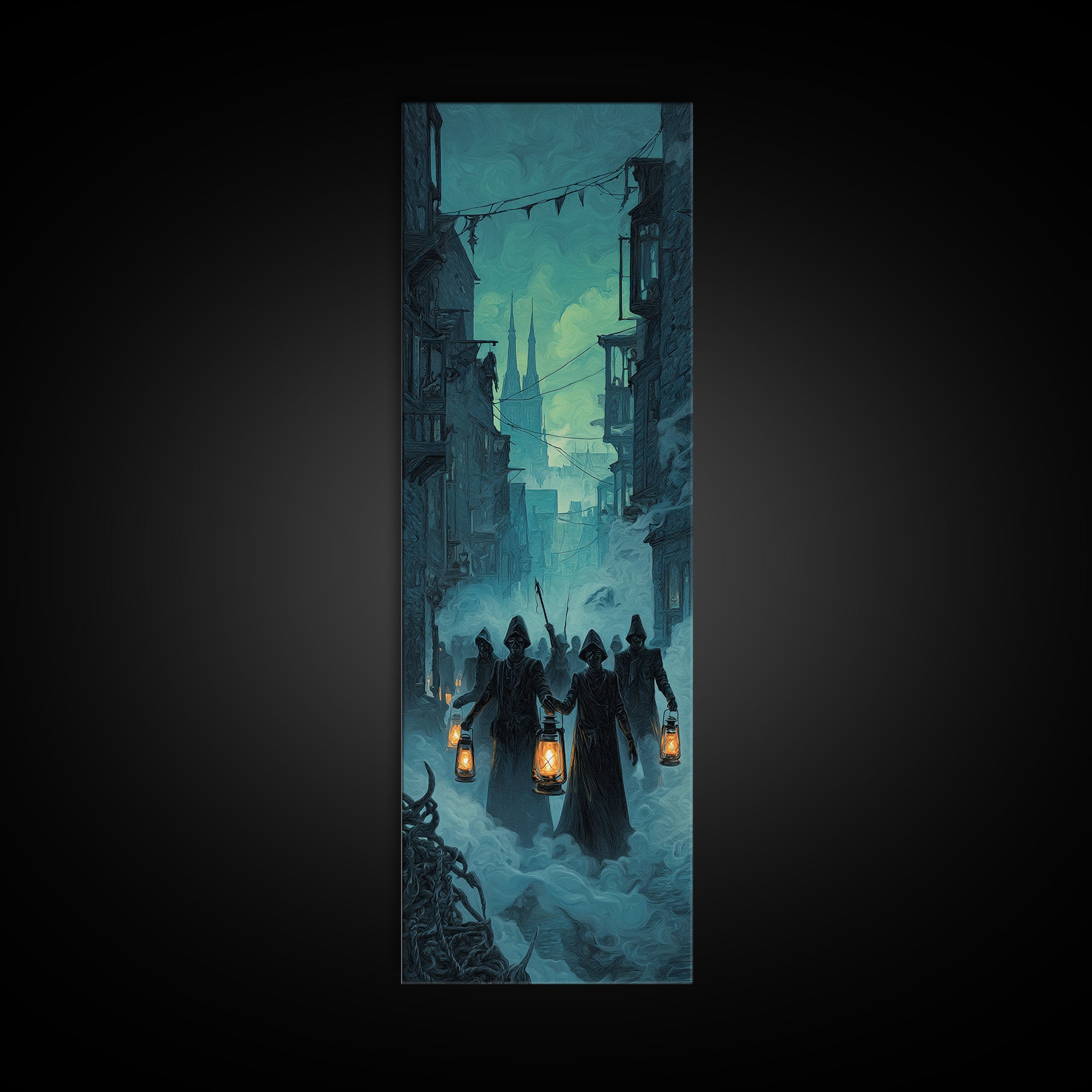 The Innsmouth Lantern Procession, Tall Narrow Wall Art, Gothic Horror Wall Art, Canvas Print, Halloween Wall Decor, Gothic Home Decor