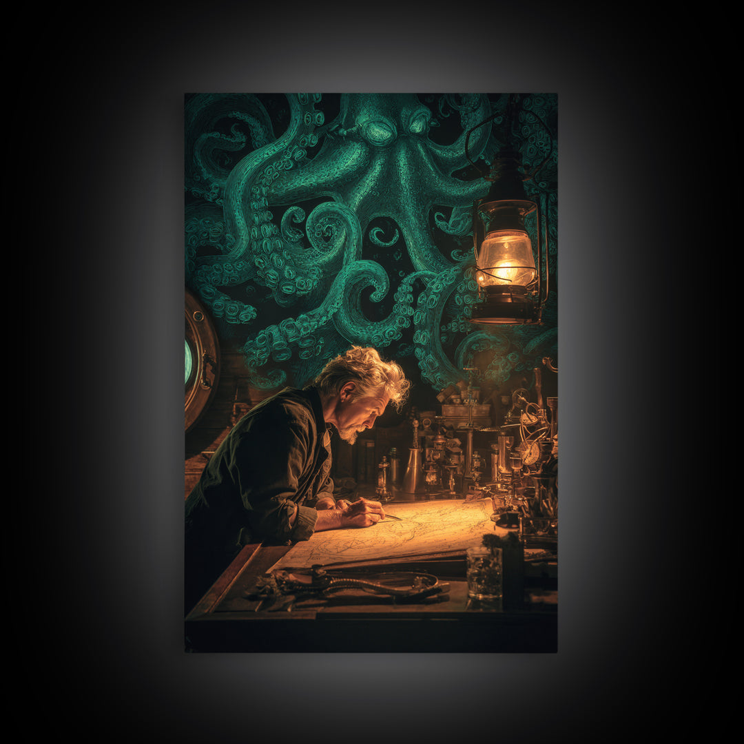 The Mapmaker Of Impossible Shores, Vertical Wall Art, Macabre Wall Art, Framed Canvas Print, Halloween Wall Decor, Gothic Home Decor