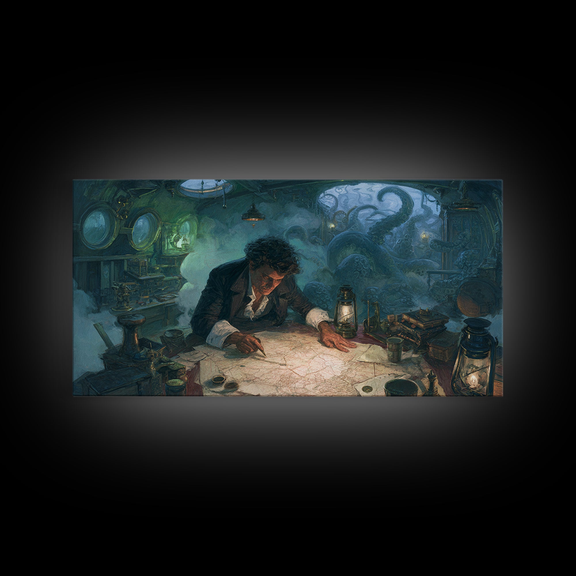 The Mapmaker Of Impossible Shores, Wide Panoramic Art, Eldritch Gothic Decor, Framed Canvas Print, Halloween Wall Decor, Gothic Home Decor