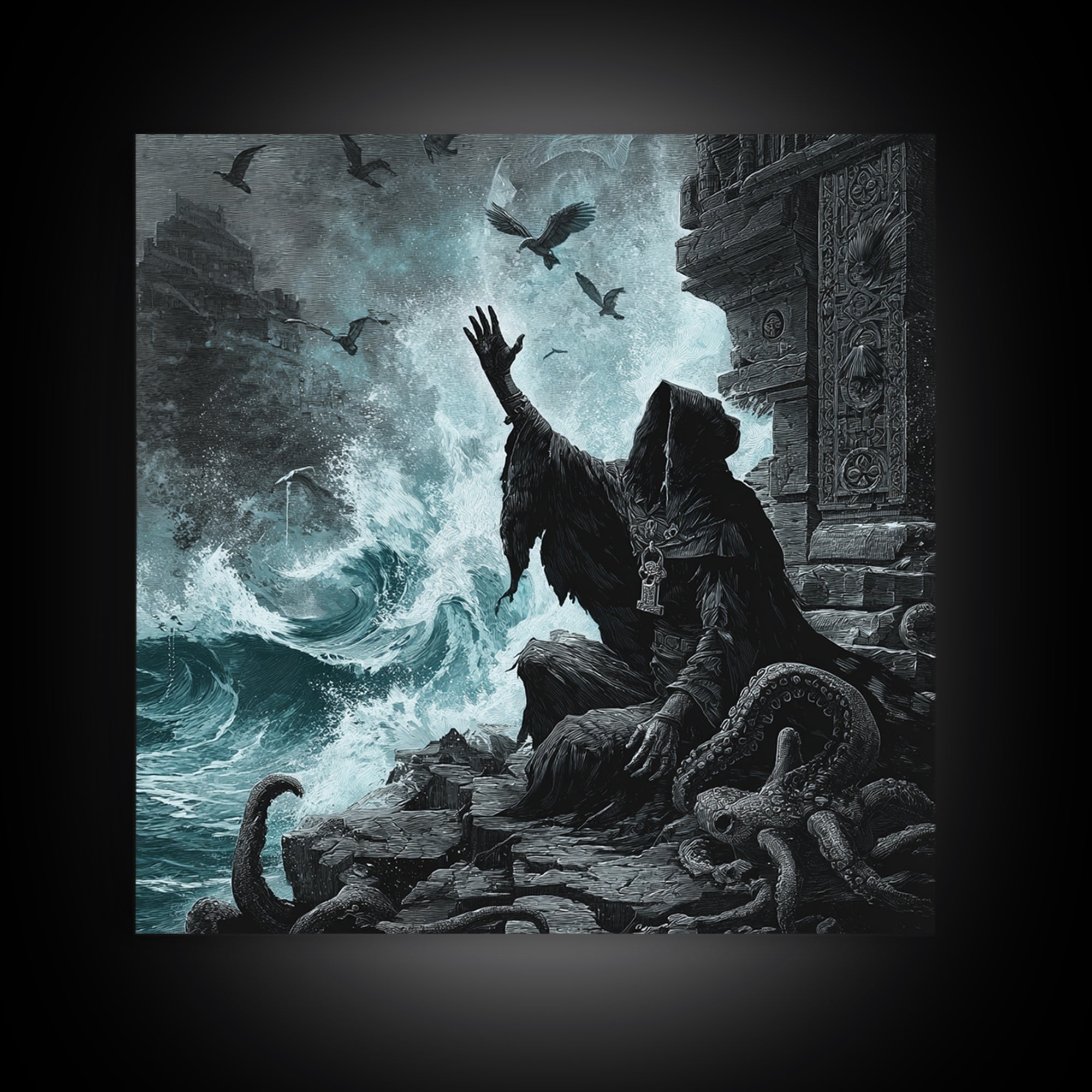 The Keeper Of The Black Reef Key, Square Wall Art, Spooky Home Decor, Framed Canvas Print, Halloween Wall Decor, Gothic Home Decor