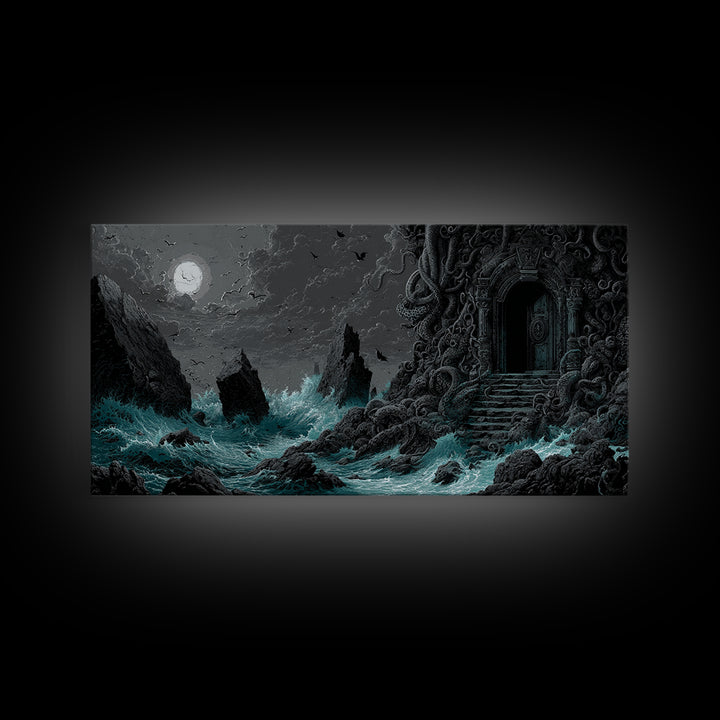 The Keeper Of The Black Reef Key, Wide Panoramic Art, Gothic Horror Wall Art, Canvas Print, Halloween Wall Decor, Gothic Home Decor