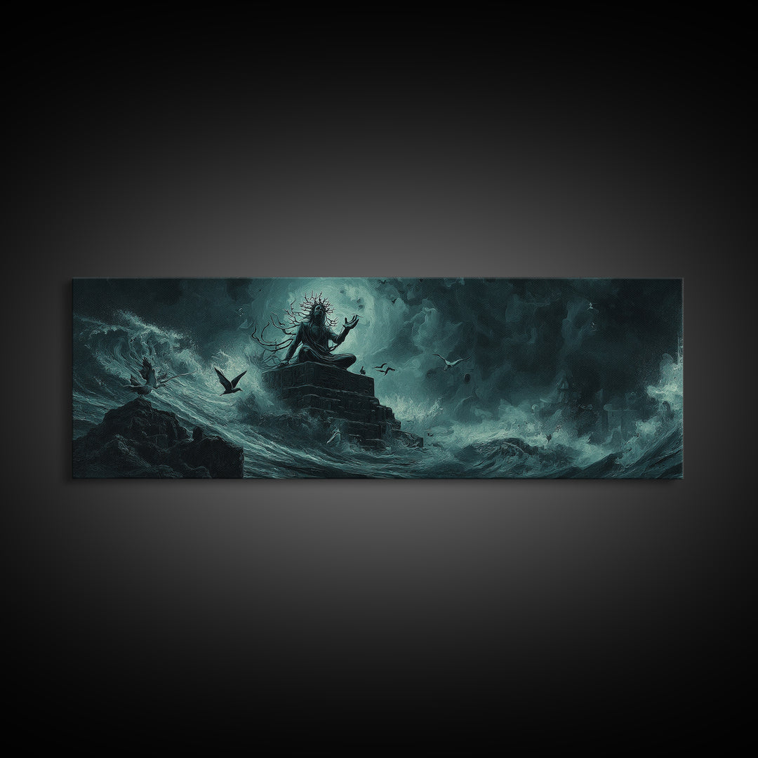 The Keeper Of The Black Reef Key, Extra Wide Wall Art, Lovecraftian Horror Art, Canvas Print, Halloween Wall Decor, Gothic Home Decor
