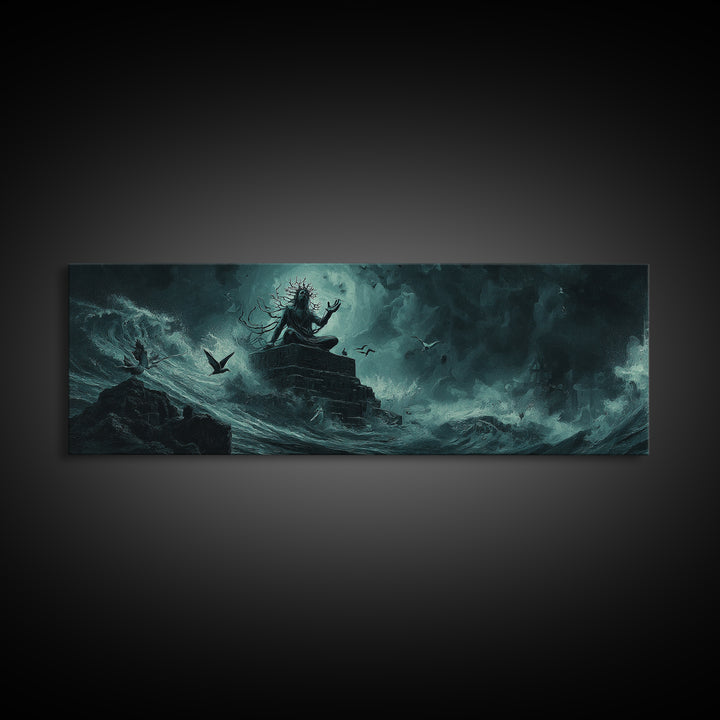The Keeper Of The Black Reef Key, Extra Wide Wall Art, Lovecraftian Horror Art, Canvas Print, Halloween Wall Decor, Gothic Home Decor