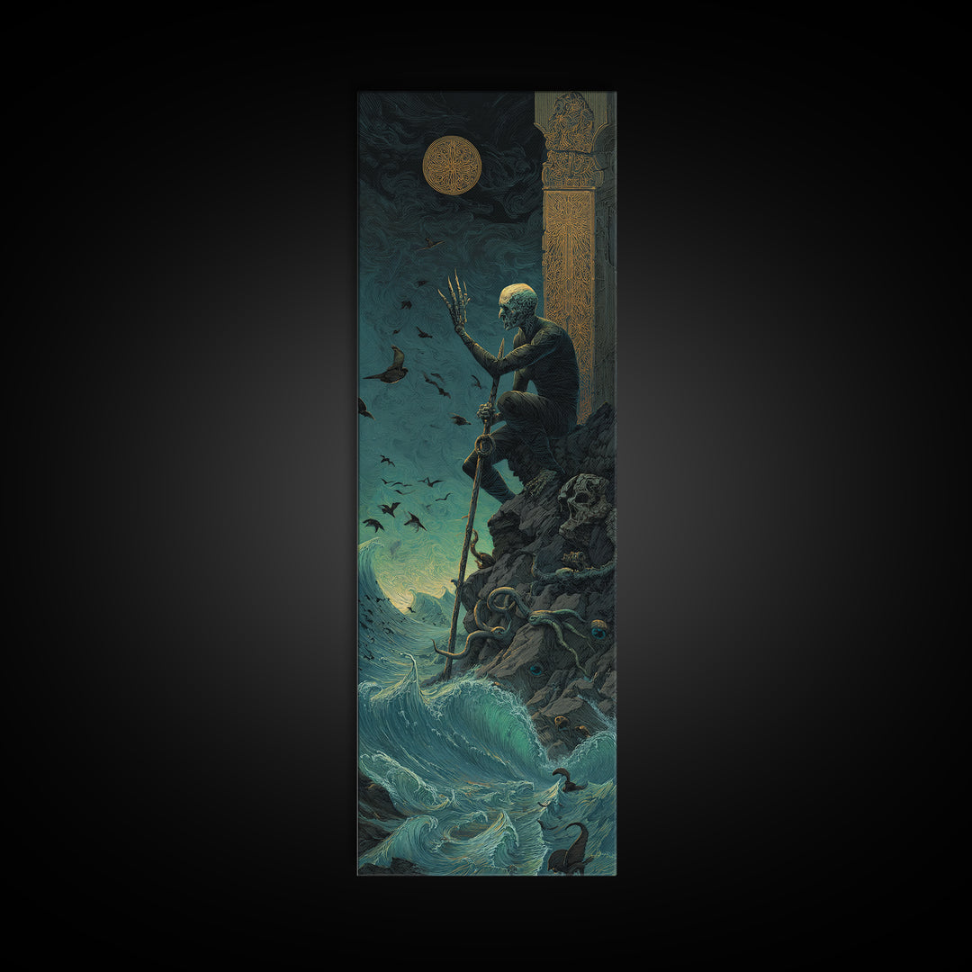 The Keeper Of The Black Reef Key, Tall Narrow Wall Art, Haunted Gothic Art, Framed Canvas Print, Halloween Wall Decor, Gothic Home Decor