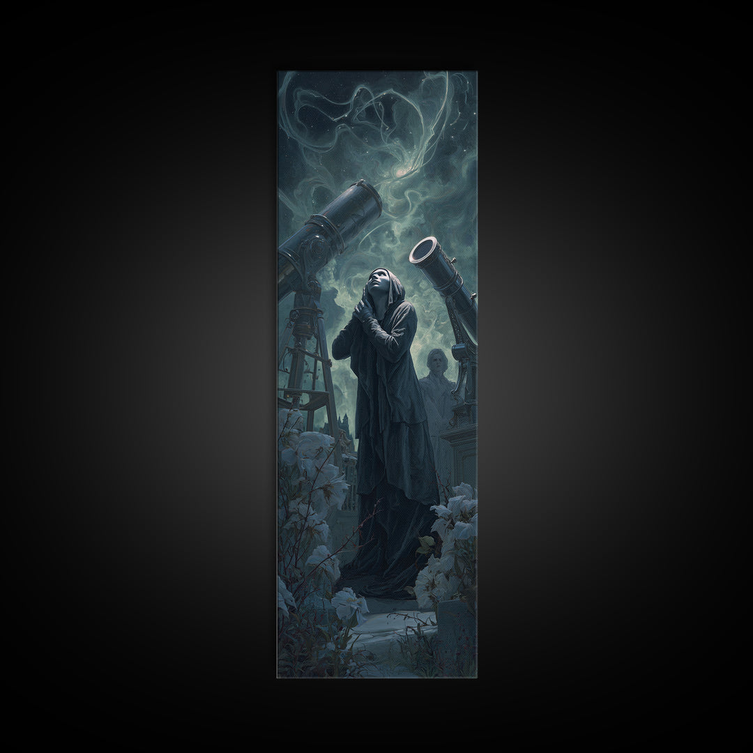 The Widow Of The Whispering Comet, Tall Narrow Wall Art, Macabre Wall Art, Framed Canvas Print, Halloween Wall Decor, Gothic Home Decor