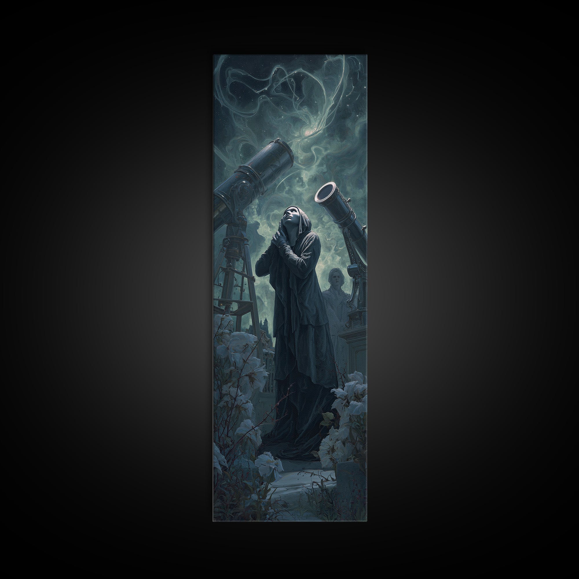 The Widow Of The Whispering Comet, Tall Narrow Wall Art, Macabre Wall Art, Framed Canvas Print, Halloween Wall Decor, Gothic Home Decor