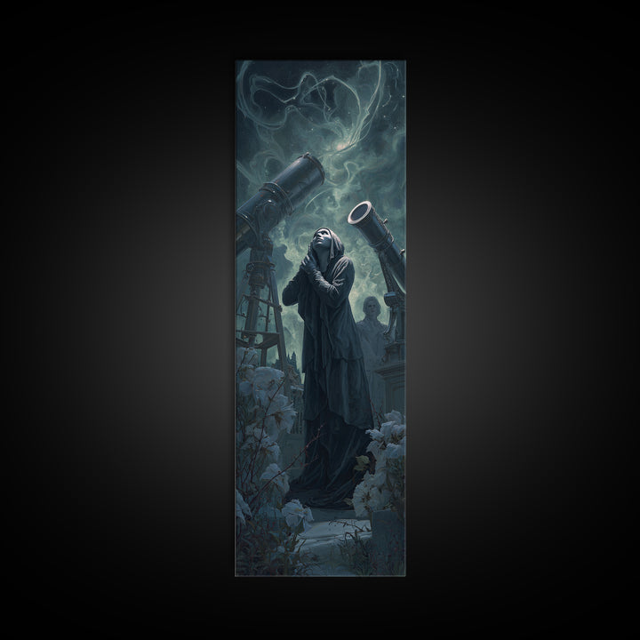 The Widow Of The Whispering Comet, Tall Narrow Wall Art, Macabre Wall Art, Framed Canvas Print, Halloween Wall Decor, Gothic Home Decor