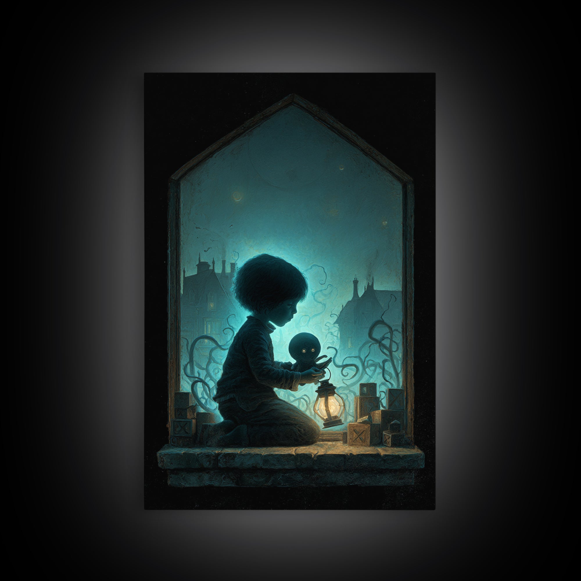 The Child Who Caught A Moon-Spawn, Vertical Wall Art, Eldritch Gothic Decor, Framed Canvas Print, Halloween Wall Decor, Gothic Home Decor