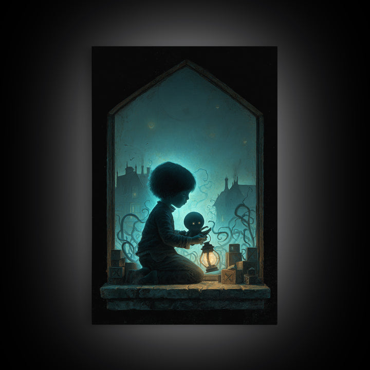 The Child Who Caught A Moon-Spawn, Vertical Wall Art, Eldritch Gothic Decor, Framed Canvas Print, Halloween Wall Decor, Gothic Home Decor