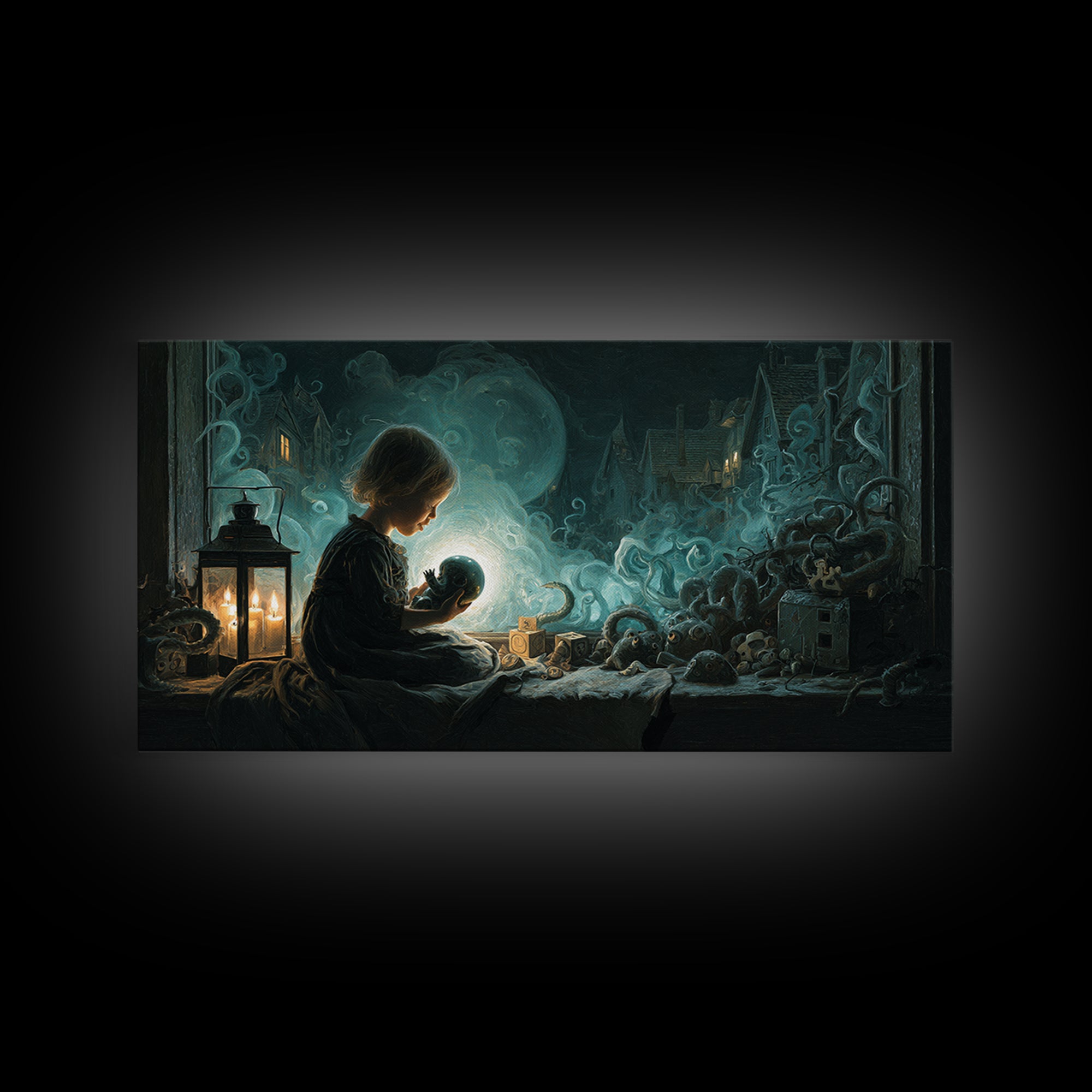 The Child Who Caught A Moon-Spawn, Wide Panoramic Art, Lovecraftian Horror Art, Framed Canvas Print, Halloween Wall Decor, Gothic Home Decor