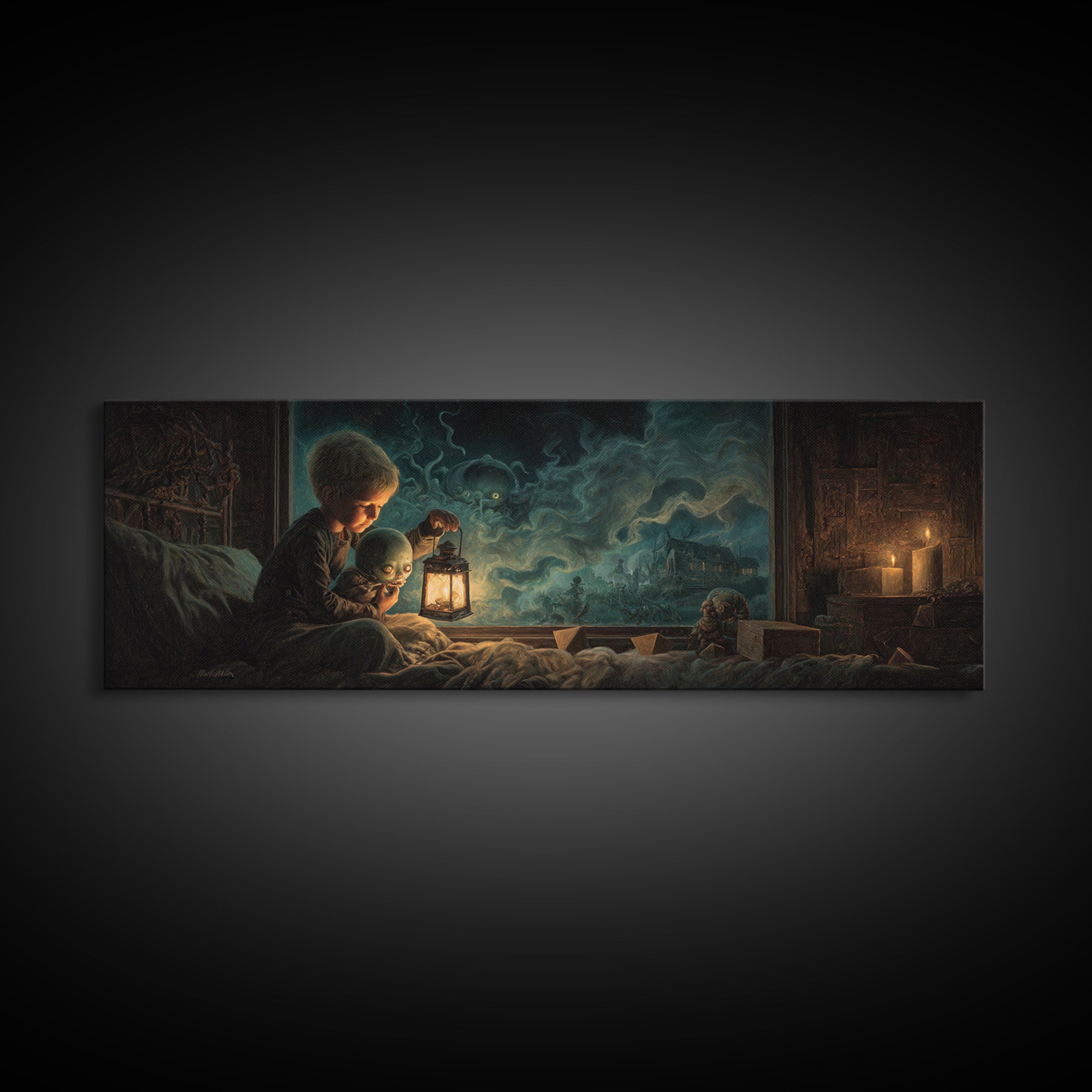 The Child Who Caught A Moon-Spawn, Extra Wide Wall Art, Eldritch Gothic Decor, Framed Canvas Print, Halloween Wall Decor, Gothic Home Decor