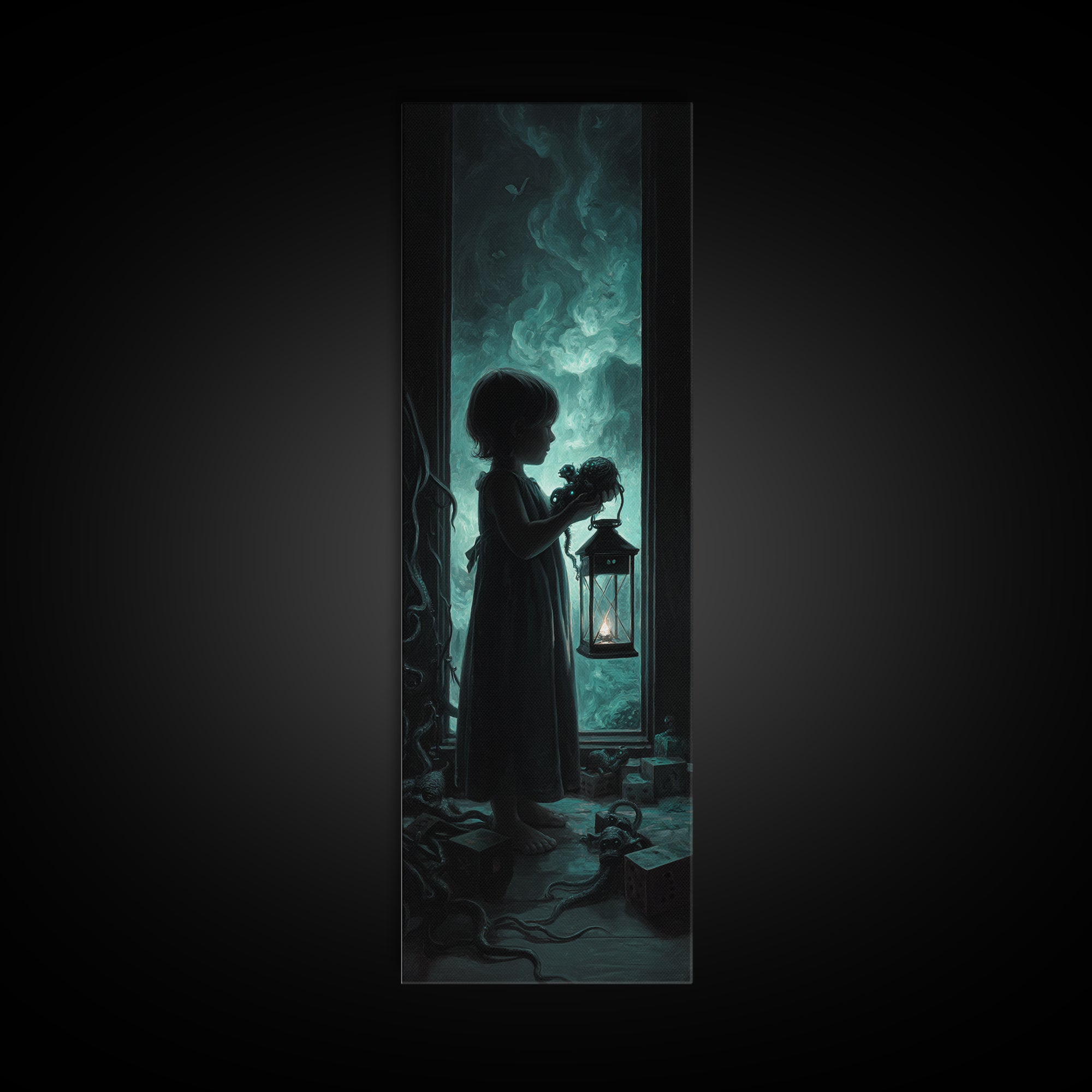 The Child Who Caught A Moon-Spawn, Tall Narrow Wall Art, Dark Halloween Decor, Framed Canvas Print, Halloween Wall Decor, Gothic Home Decor