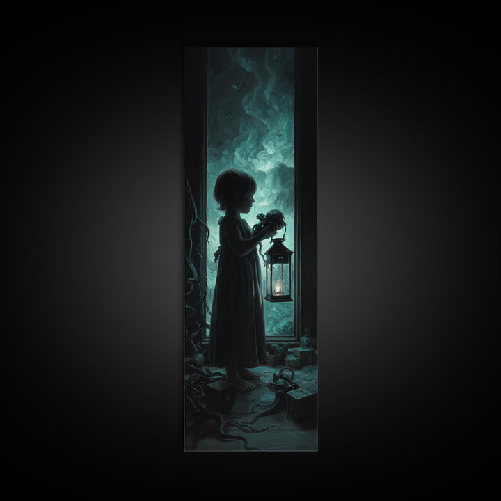 The Child Who Caught A Moon-Spawn, Tall Narrow Wall Art, Dark Halloween Decor, Framed Canvas Print, Halloween Wall Decor, Gothic Home Decor