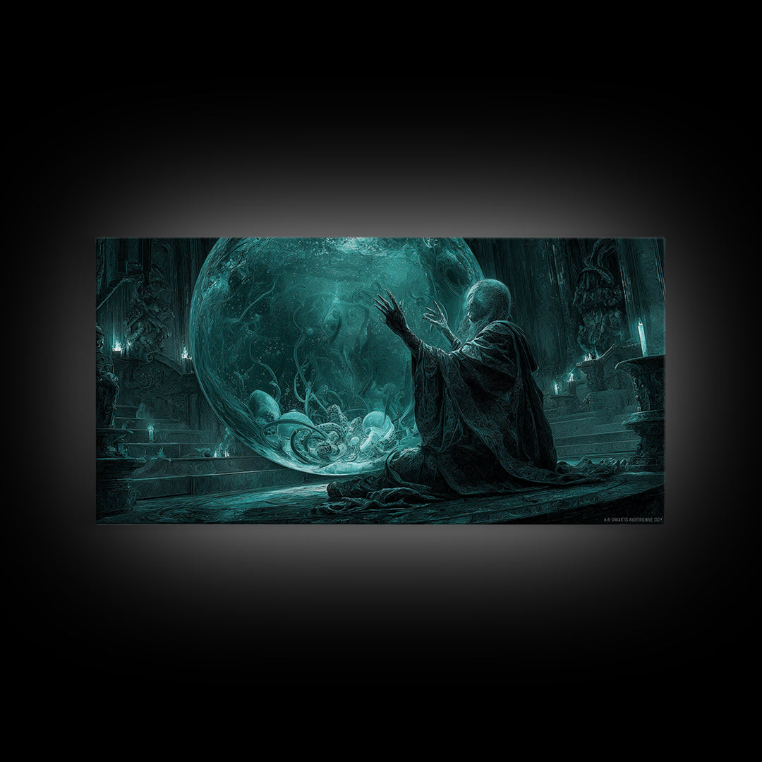 The Oracle Of The Glass Depths, Wide Panoramic Art, Haunted Gothic Art, Framed Canvas Print, Halloween Wall Decor, Gothic Home Decor