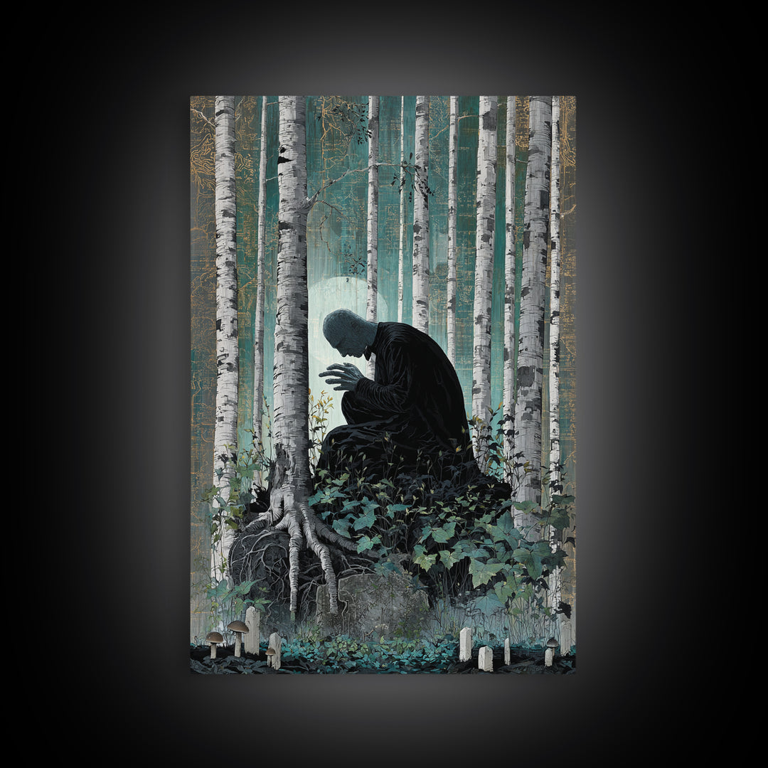 The Sleeper In The Birch Grove, Vertical Wall Art, Dark Fantasy Wall Art, Framed Canvas Print, Halloween Wall Decor, Gothic Home Decor