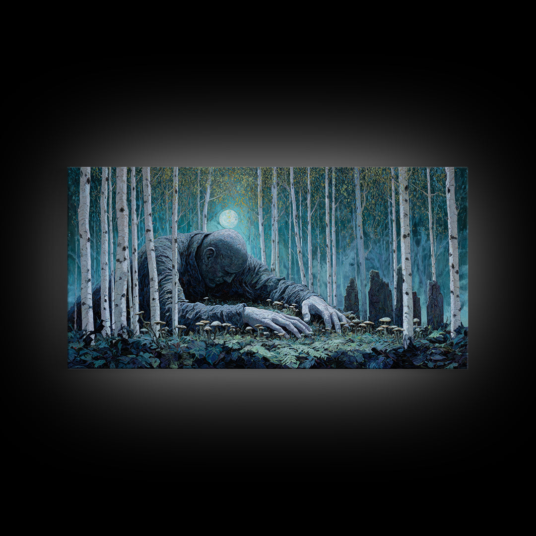 The Sleeper In The Birch Grove, Wide Panoramic Art, Lovecraftian Horror Art, Framed Canvas Print, Halloween Wall Decor, Gothic Home Decor