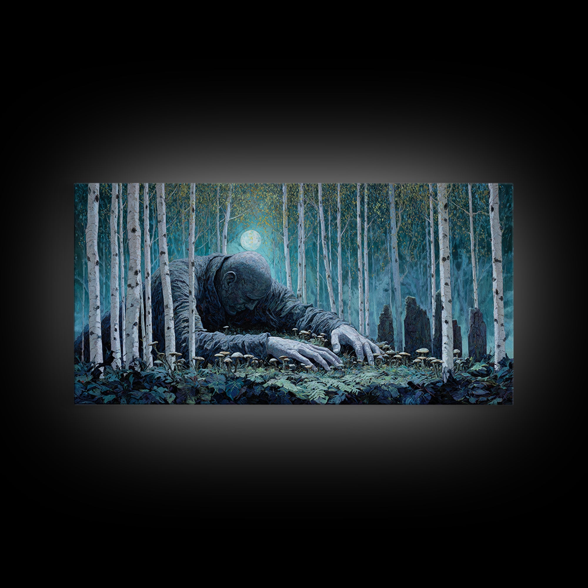 The Sleeper In The Birch Grove, Wide Panoramic Art, Lovecraftian Horror Art, Framed Canvas Print, Halloween Wall Decor, Gothic Home Decor