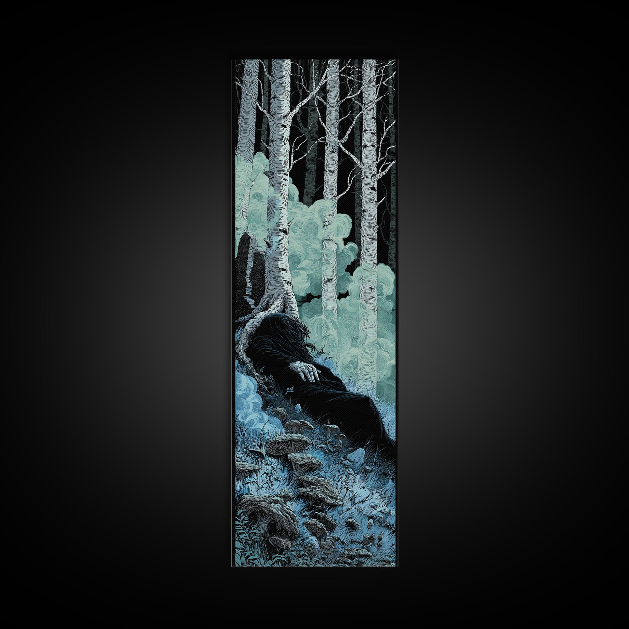 The Sleeper In The Birch Grove, Tall Narrow Wall Art, Spooky Home Decor, Framed Canvas Print, Halloween Wall Decor, Gothic Home Decor