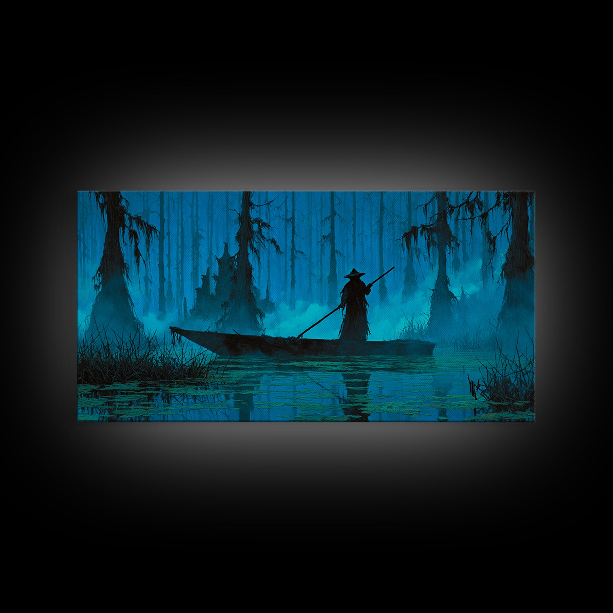 The Ferryman Of The Outer Marsh, Wide Panoramic Art, Lovecraftian Horror Art, Framed Canvas Print, Halloween Wall Decor, Gothic Home Decor