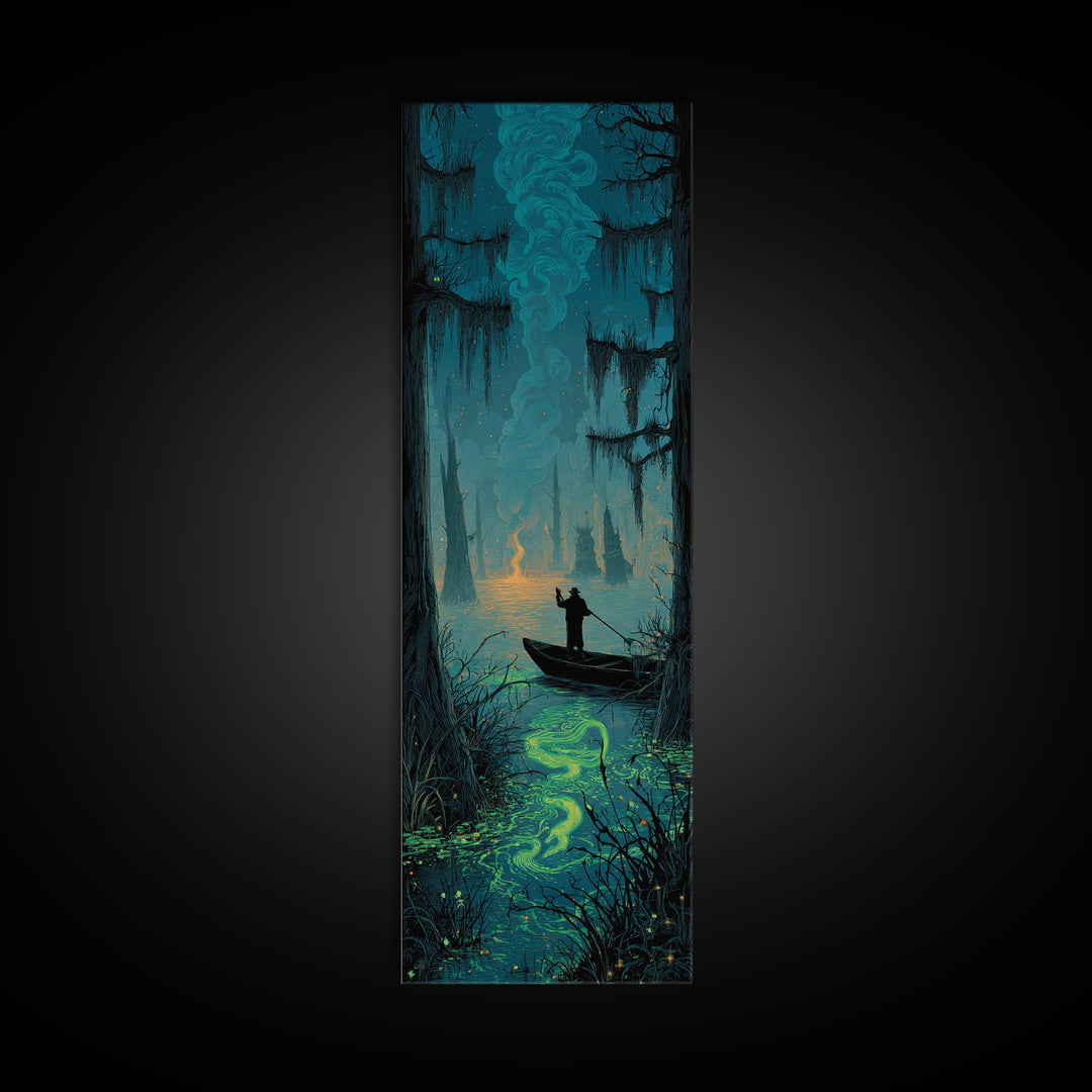 The Ferryman Of The Outer Marsh, Tall Narrow Wall Art, Gothic Horror Wall Art, Framed Canvas Print, Halloween Wall Decor, Gothic Home Decor