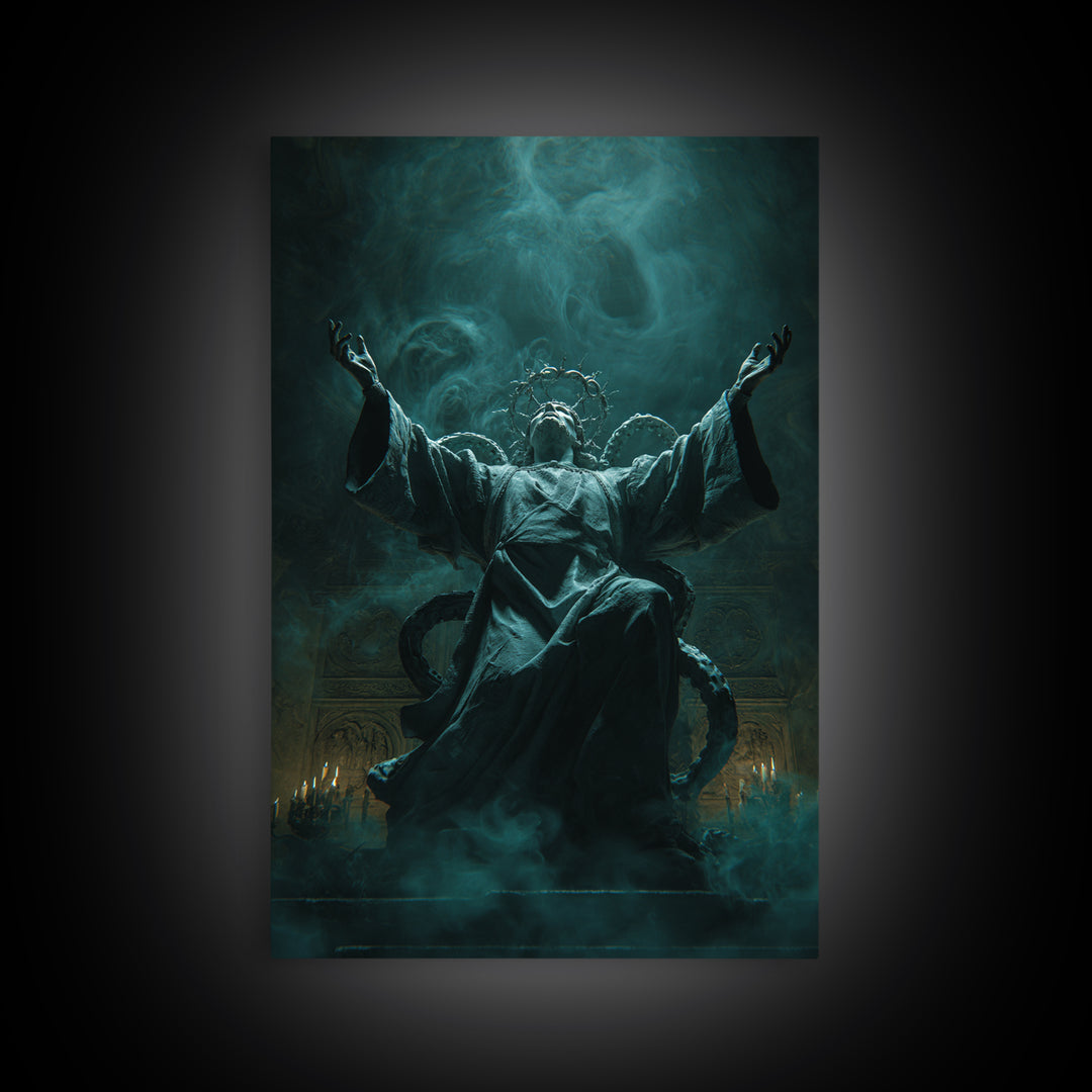 The Crown Of The Tentacled Saint, Vertical Wall Art, Haunted Gothic Art, Framed Canvas Print, Halloween Wall Decor, Gothic Home Decor