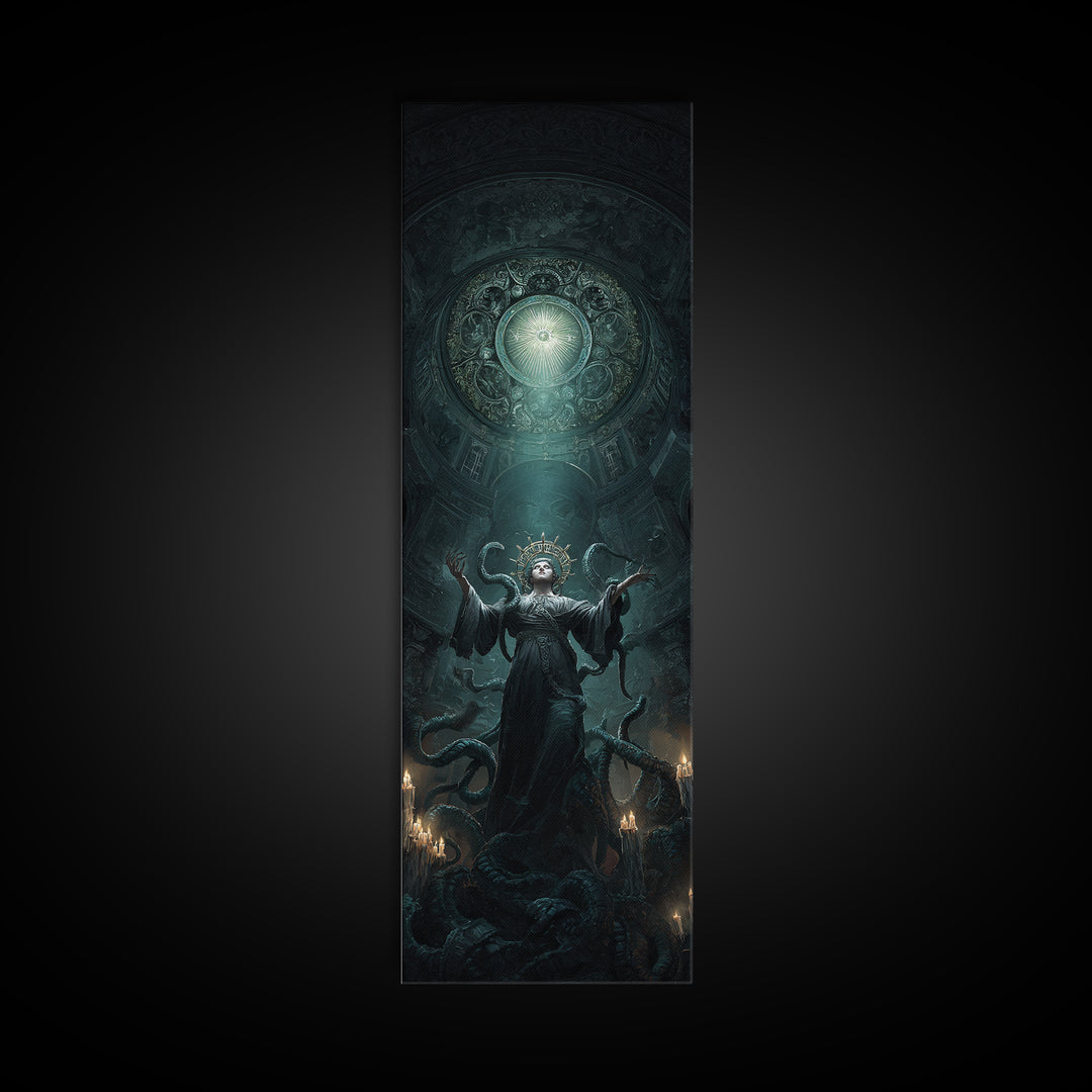 The Crown Of The Tentacled Saint, Tall Narrow Wall Art, Cosmic Horror Wall Art, Framed Canvas Print, Halloween Wall Decor, Gothic Home Decor