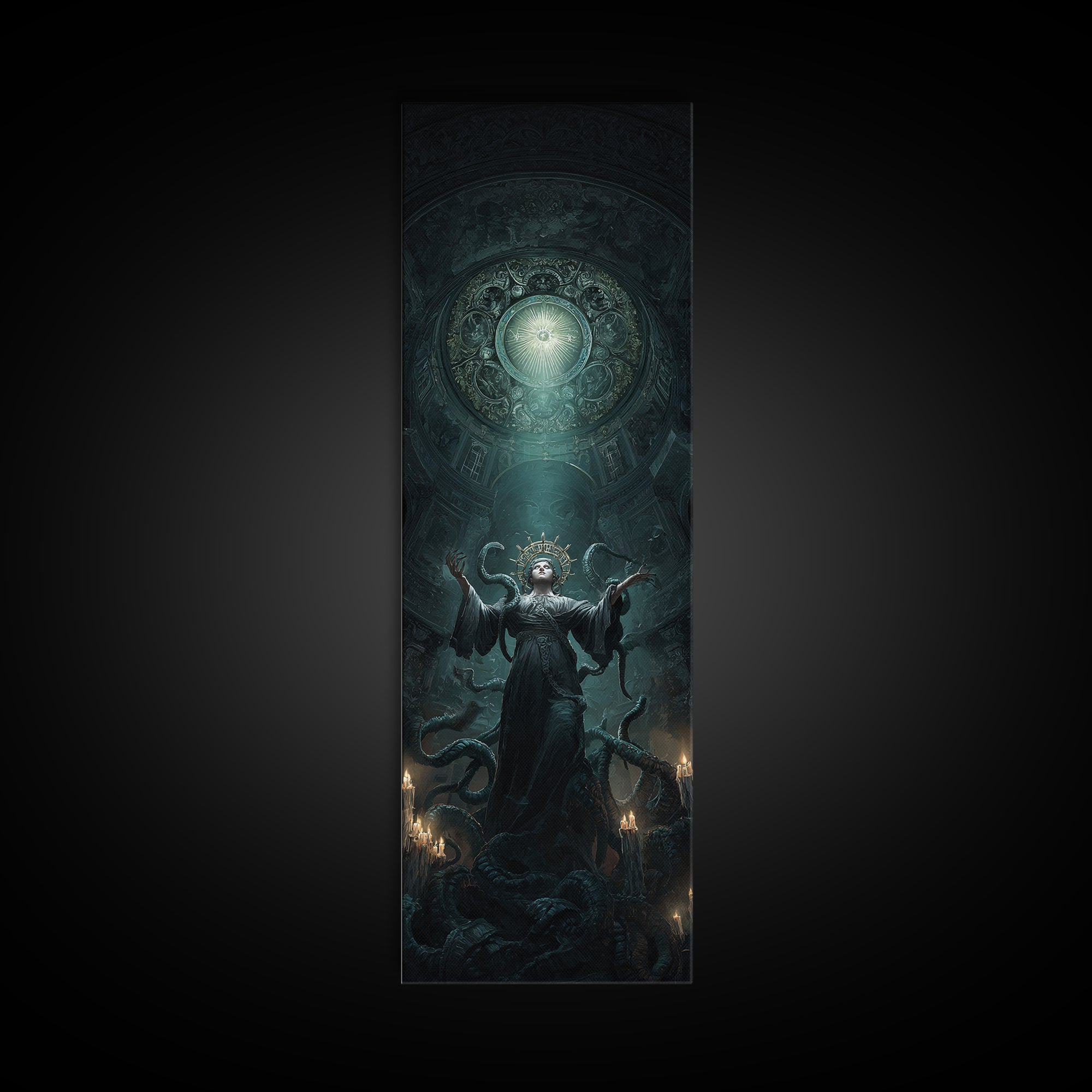 The Crown Of The Tentacled Saint, Tall Narrow Wall Art, Cosmic Horror Wall Art, Framed Canvas Print, Halloween Wall Decor, Gothic Home Decor