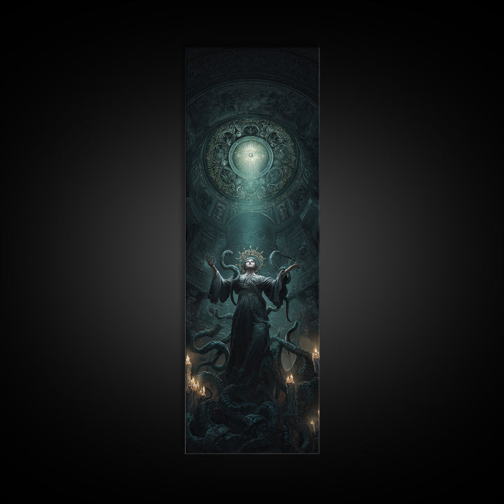 The Crown Of The Tentacled Saint, Tall Narrow Wall Art, Cosmic Horror Wall Art, Framed Canvas Print, Halloween Wall Decor, Gothic Home Decor
