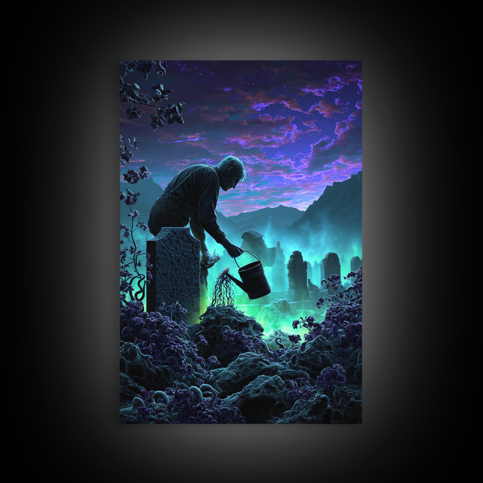 The Grave Gardener Of Yuggoth, Vertical Wall Art, Dark Fantasy Wall Art, Framed Canvas Print, Halloween Wall Decor, Gothic Home Decor