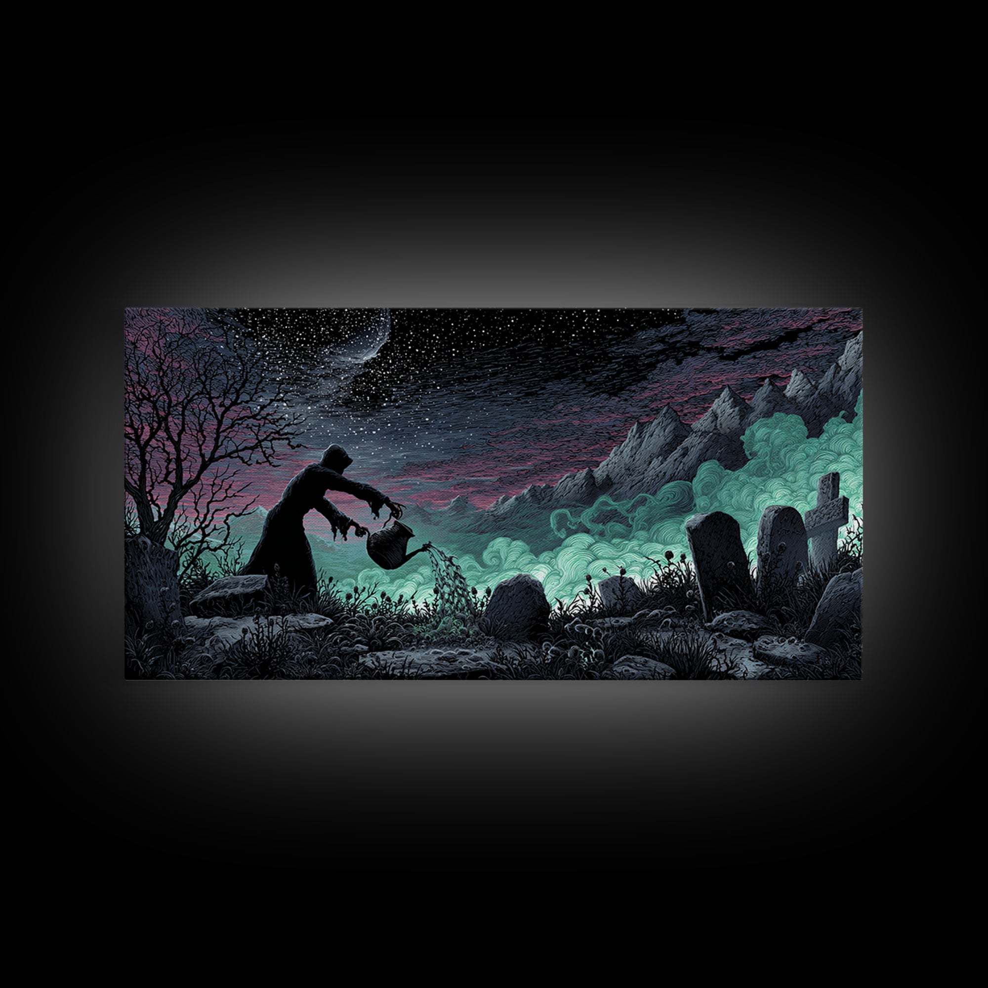 The Grave Gardener Of Yuggoth, Wide Panoramic Art, Spooky Home Decor, Canvas Print, Halloween Wall Decor, Gothic Home Decor, Halloween Decor
