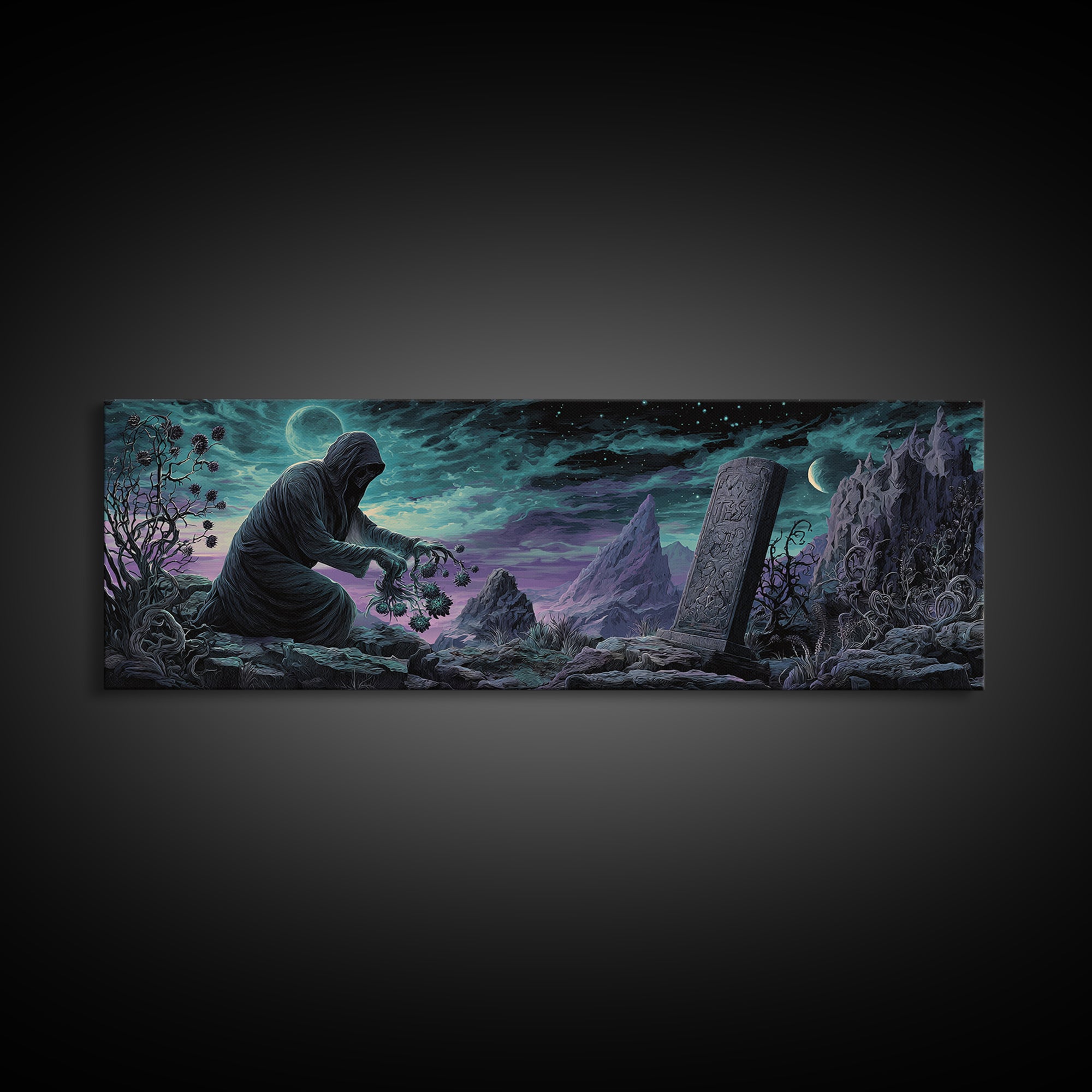 The Grave Gardener Of Yuggoth, Extra Wide Wall Art, Eldritch Gothic Decor, Framed Canvas Print, Halloween Wall Decor, Gothic Home Decor