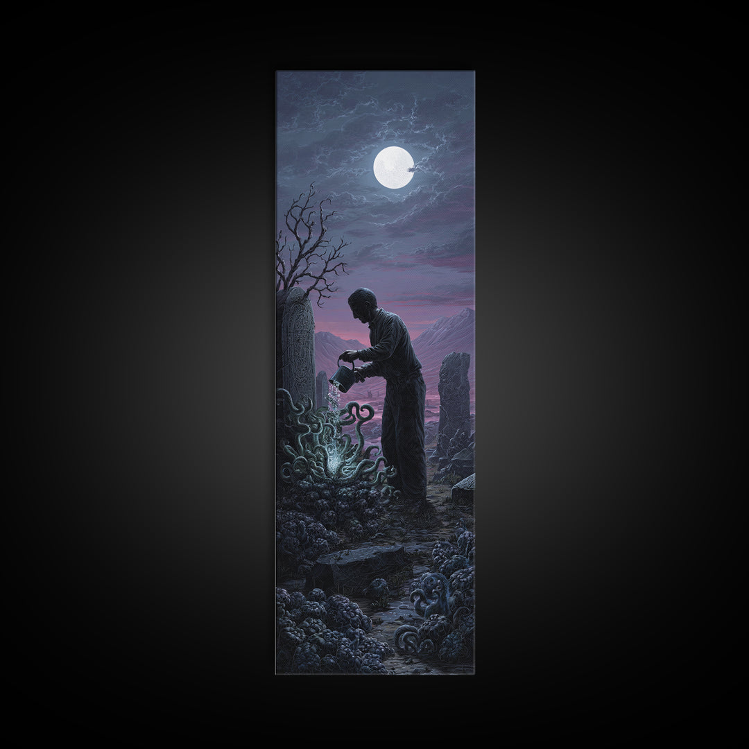 The Grave Gardener Of Yuggoth, Tall Narrow Wall Art, Dark Fantasy Wall Art, Canvas Print, Halloween Wall Decor, Gothic Home Decor