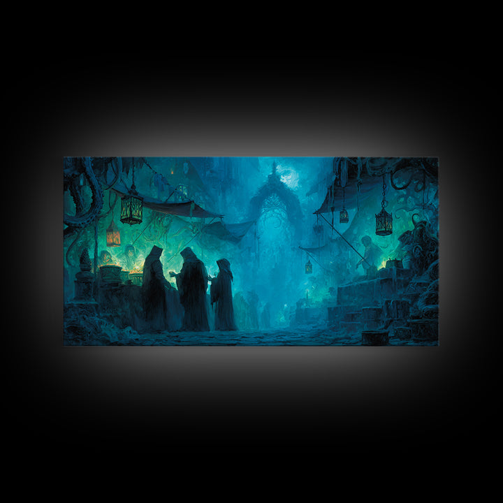 The Lantern Market Beyond The Veil, Wide Panoramic Art, Eldritch Gothic Decor, Framed Canvas Print, Halloween Wall Decor, Gothic Home Decor