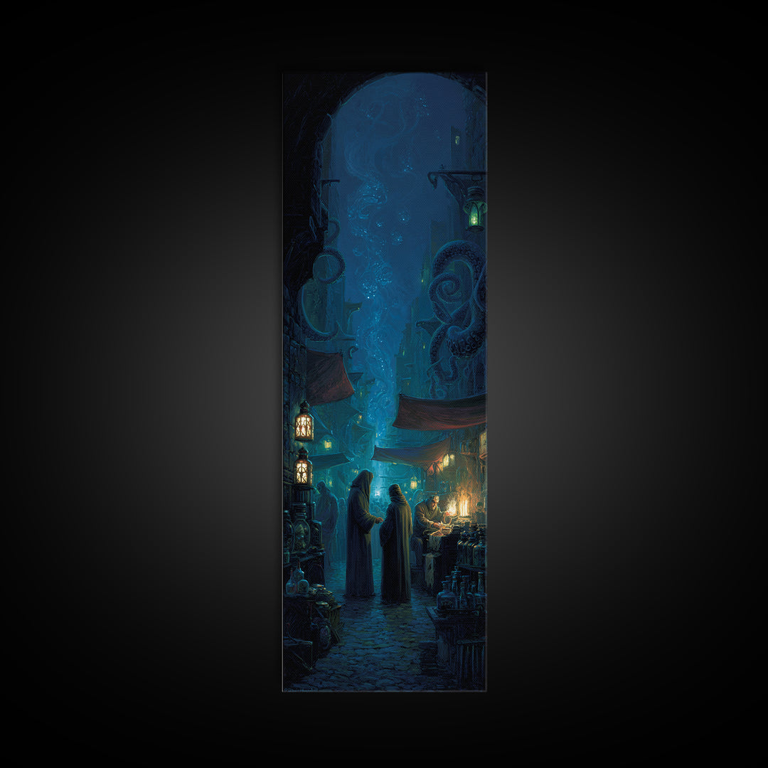 The Lantern Market Beyond The Veil, Tall Narrow Wall Art, Eldritch Gothic Decor, Canvas Print, Halloween Wall Decor, Gothic Home Decor