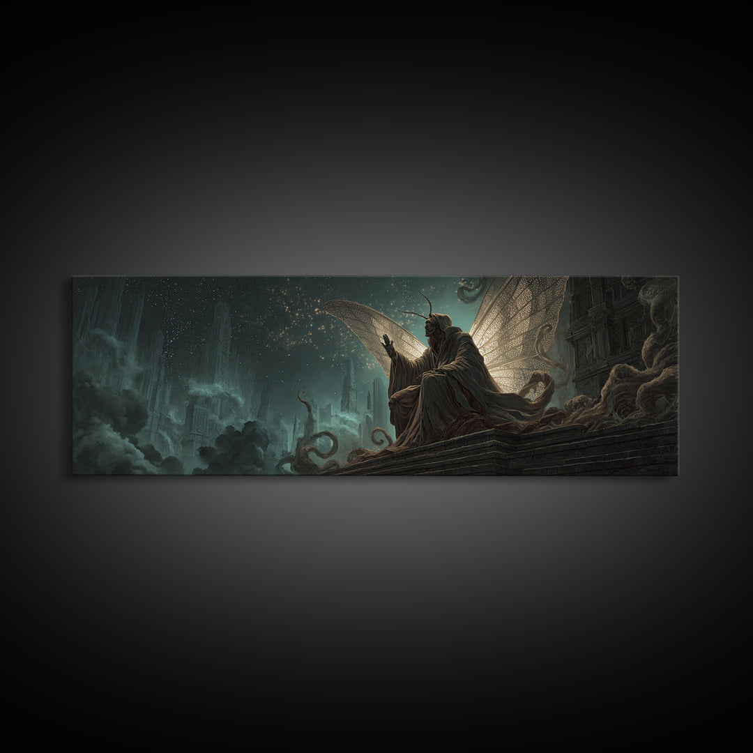 The Moth Prophet Of Kadath, Extra Wide Wall Art, Lovecraftian Horror Art, Canvas Print, Halloween Wall Decor, Gothic Home Decor