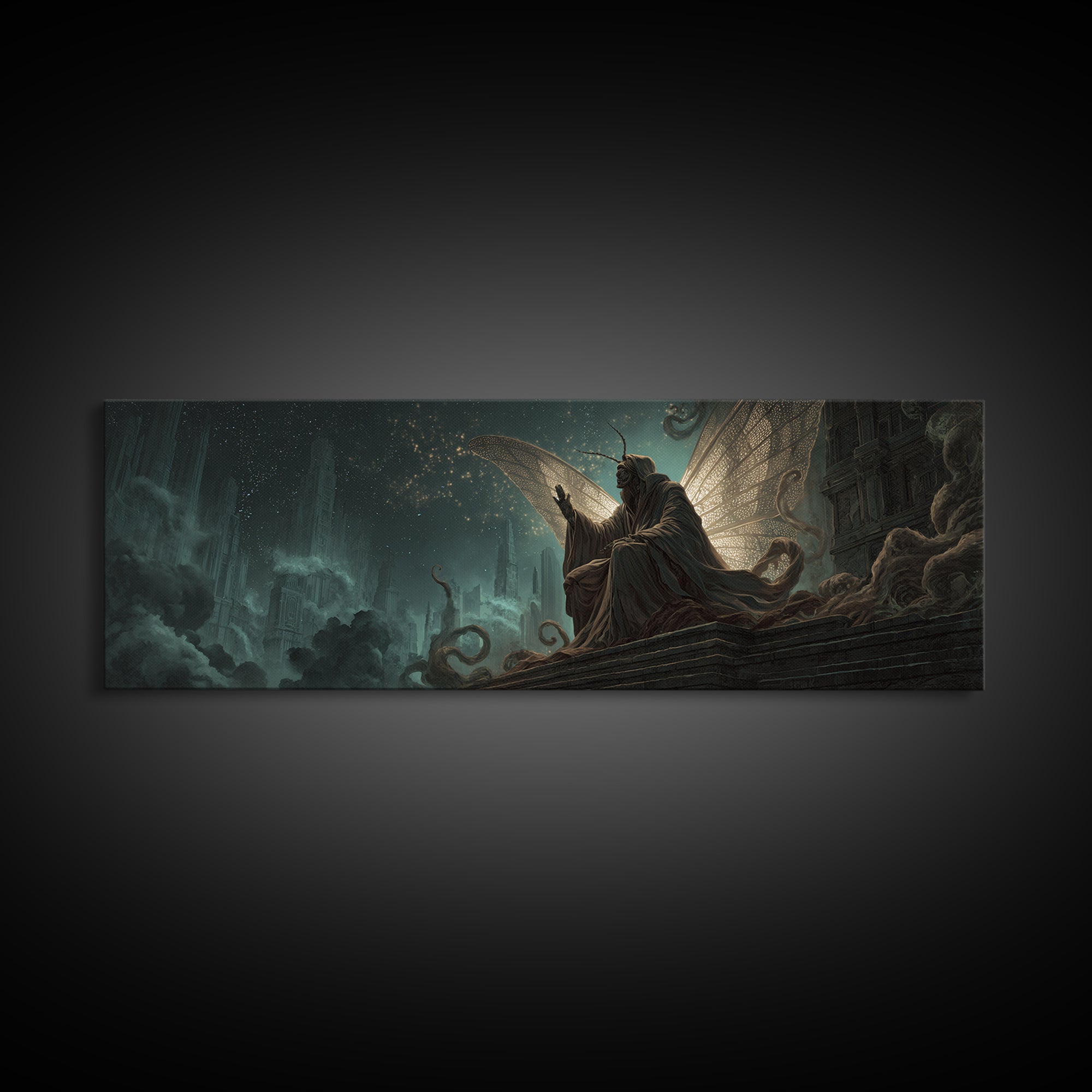 The Moth Prophet Of Kadath, Extra Wide Wall Art, Lovecraftian Horror Art, Canvas Print, Halloween Wall Decor, Gothic Home Decor