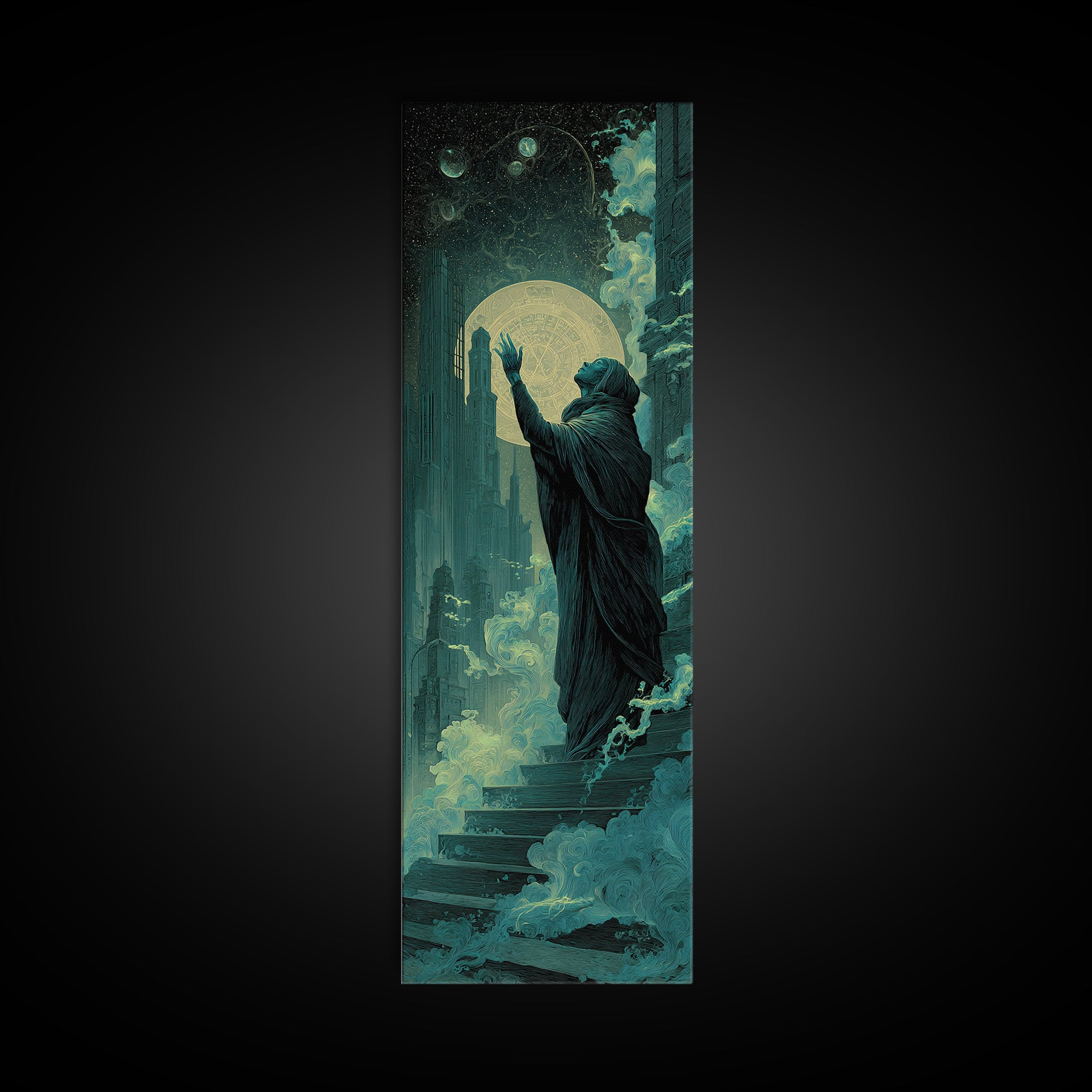 The Moth Prophet Of Kadath, Tall Narrow Wall Art, Macabre Wall Art, Framed Canvas Print, Halloween Wall Decor, Gothic Home Decor