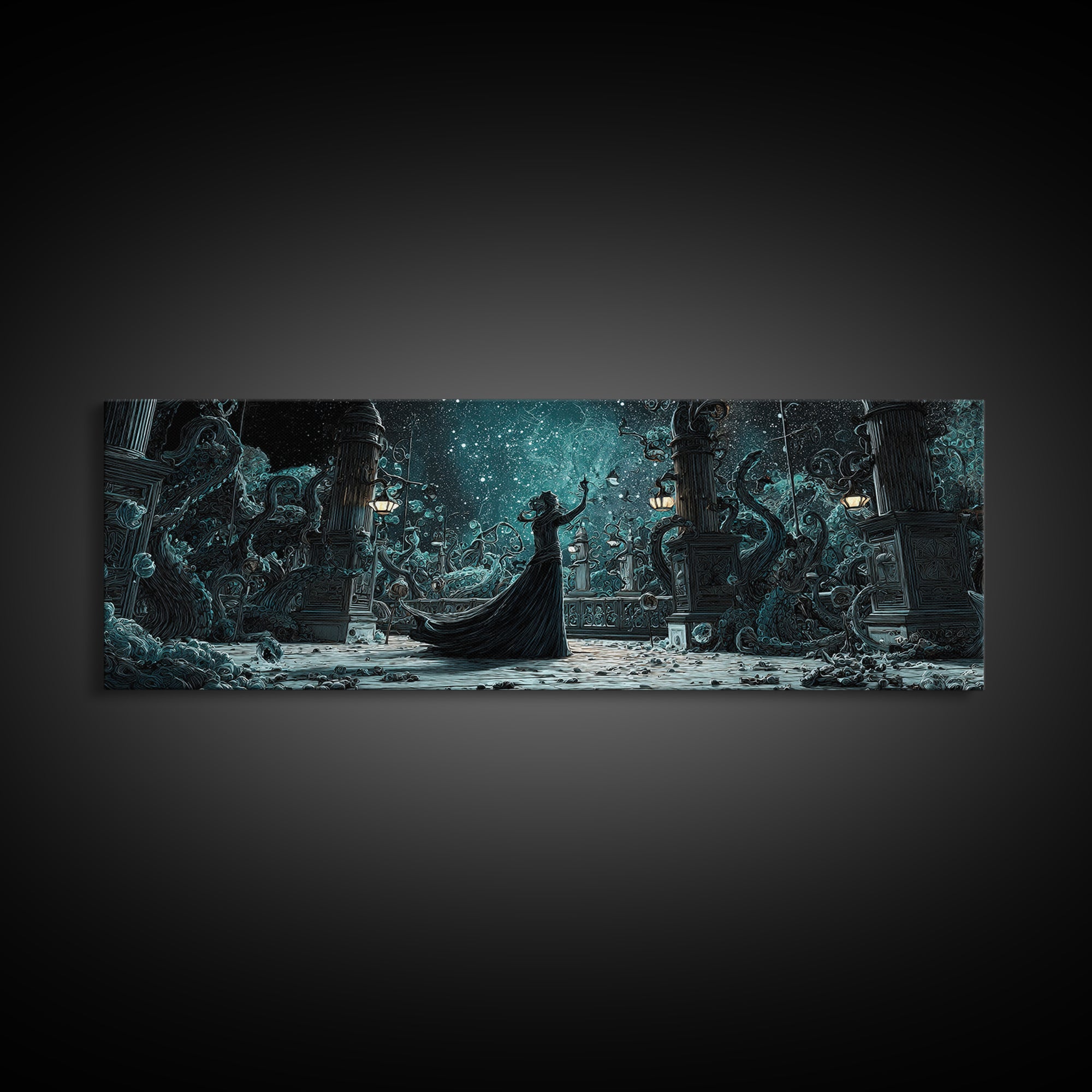 The Moonlit Shoggoth Menagerie, Extra Wide Wall Art, Spooky Home Decor, Framed Canvas Print, Halloween Wall Decor, Gothic Home Decor