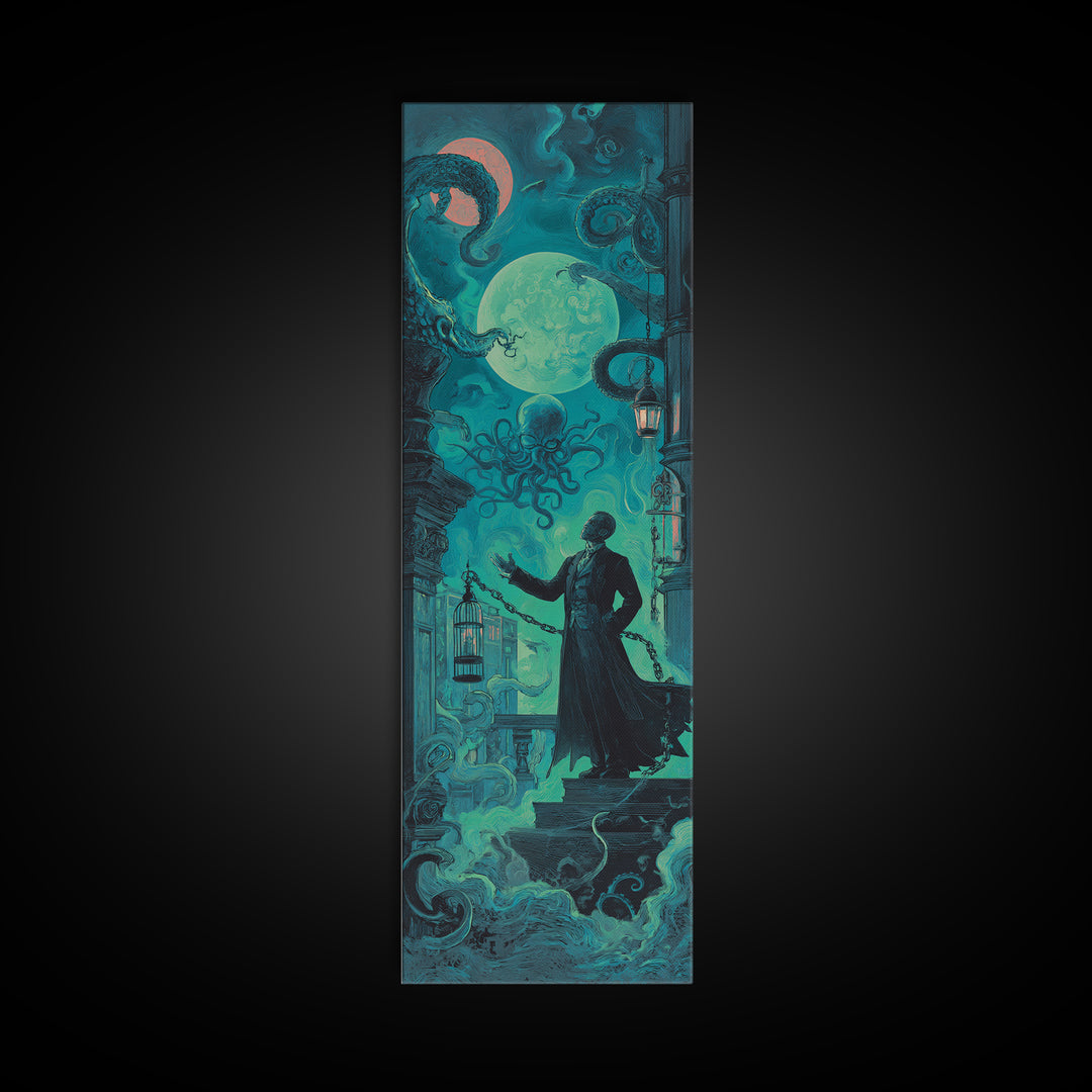 The Moonlit Shoggoth Menagerie, Tall Narrow Wall Art, Spooky Home Decor, Framed Canvas Print, Halloween Wall Decor, Gothic Home Decor