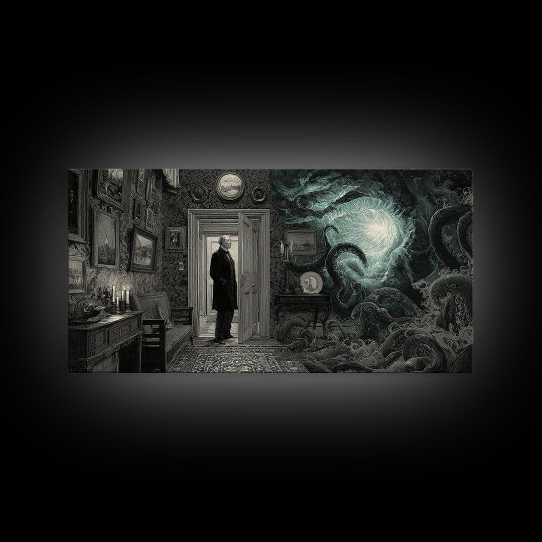 The Thirteenth Door Of Arkham House, Wide Panoramic Art, Gothic Horror Wall Art, Canvas Print, Halloween Wall Decor, Gothic Home Decor