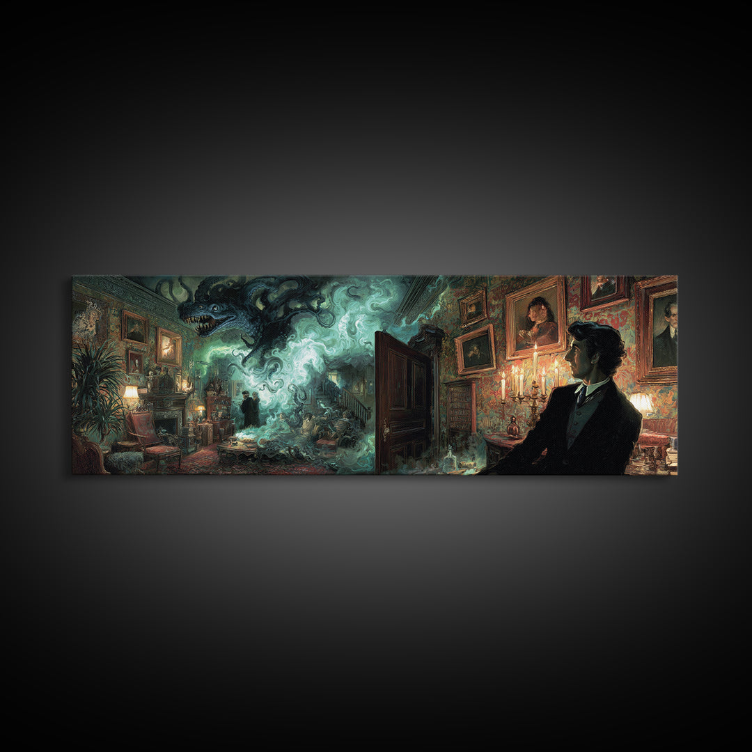 The Thirteenth Door Of Arkham House, Extra Wide Wall Art, Cosmic Horror Wall Art, Framed Canvas Print, Halloween Wall Decor, Halloween Decor
