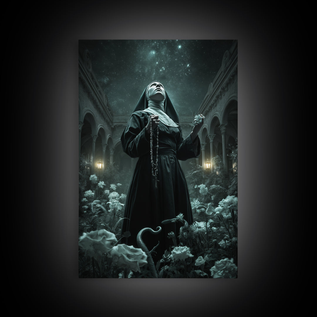 The Nun Of The Endless Constellation, Vertical Wall Art, Spooky Home Decor, Framed Canvas Print, Halloween Wall Decor, Gothic Home Decor