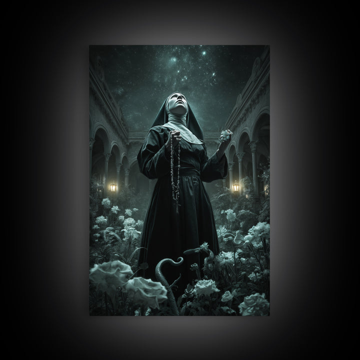 The Nun Of The Endless Constellation, Vertical Wall Art, Spooky Home Decor, Framed Canvas Print, Halloween Wall Decor, Gothic Home Decor