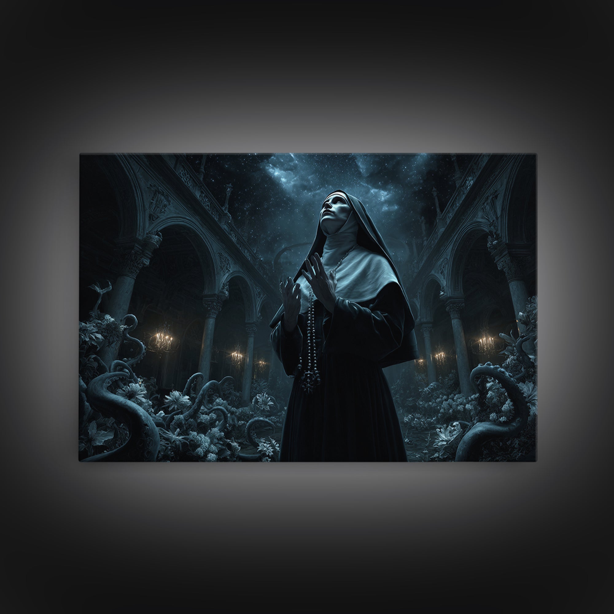 The Nun Of The Endless Constellation, Landscape Wall Art, Dark Halloween Decor, Framed Canvas Print, Halloween Wall Decor, Gothic Home Decor