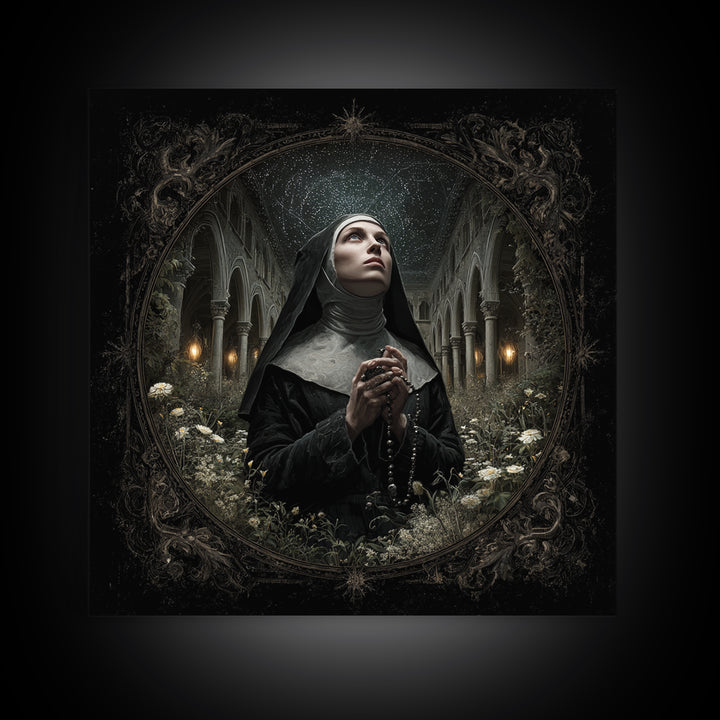 The Nun Of The Endless Constellation, Square Wall Art, Haunted Gothic Art, Framed Canvas Print, Halloween Wall Decor, Gothic Home Decor
