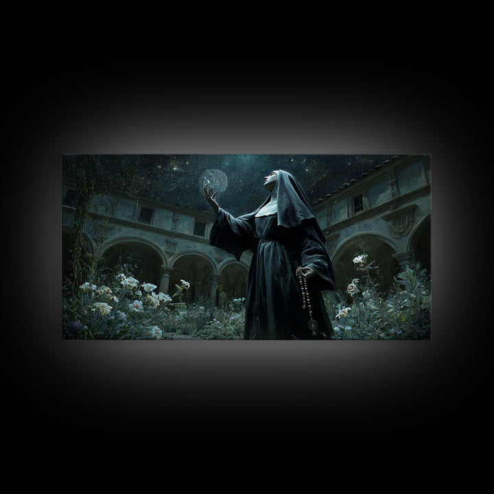 The Nun Of The Endless Constellation, Wide Panoramic Art, Dark Halloween Decor, Canvas Print, Halloween Wall Decor, Gothic Home Decor