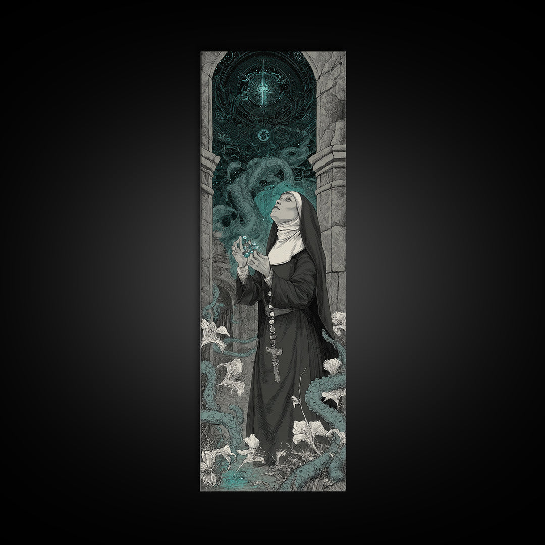 The Nun Of The Endless Constellation, Tall Narrow Wall Art, Haunted Gothic Art, Framed Canvas Print, Halloween Wall Decor, Gothic Home Decor