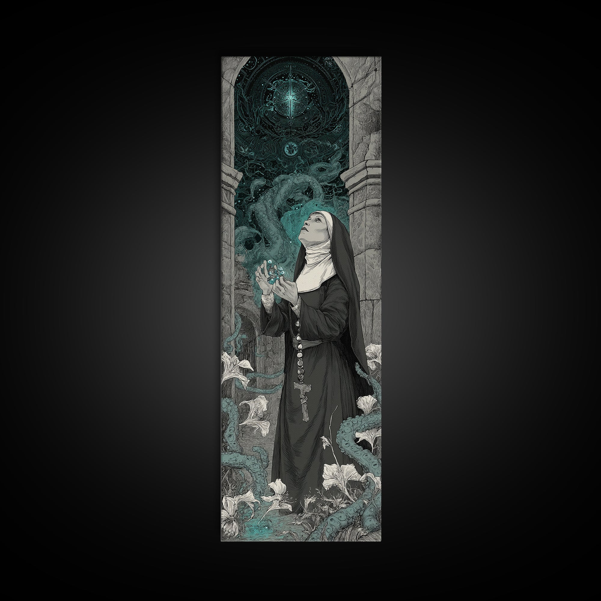 The Nun Of The Endless Constellation, Tall Narrow Wall Art, Haunted Gothic Art, Framed Canvas Print, Halloween Wall Decor, Gothic Home Decor