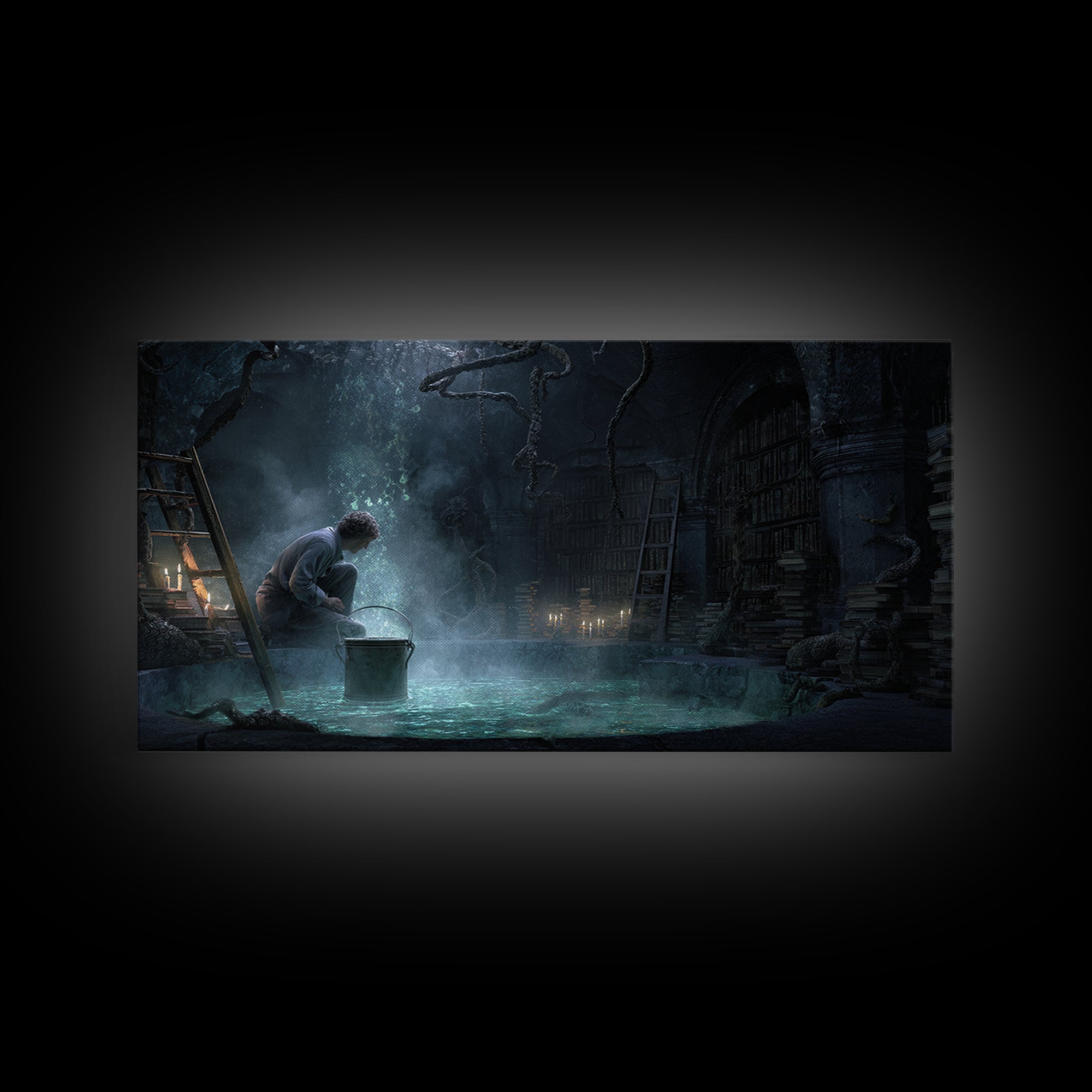 The Dreamwell Beneath Miskatonic, Wide Panoramic Art, Eldritch Gothic Decor, Framed Canvas Print, Halloween Wall Decor, Gothic Home Decor